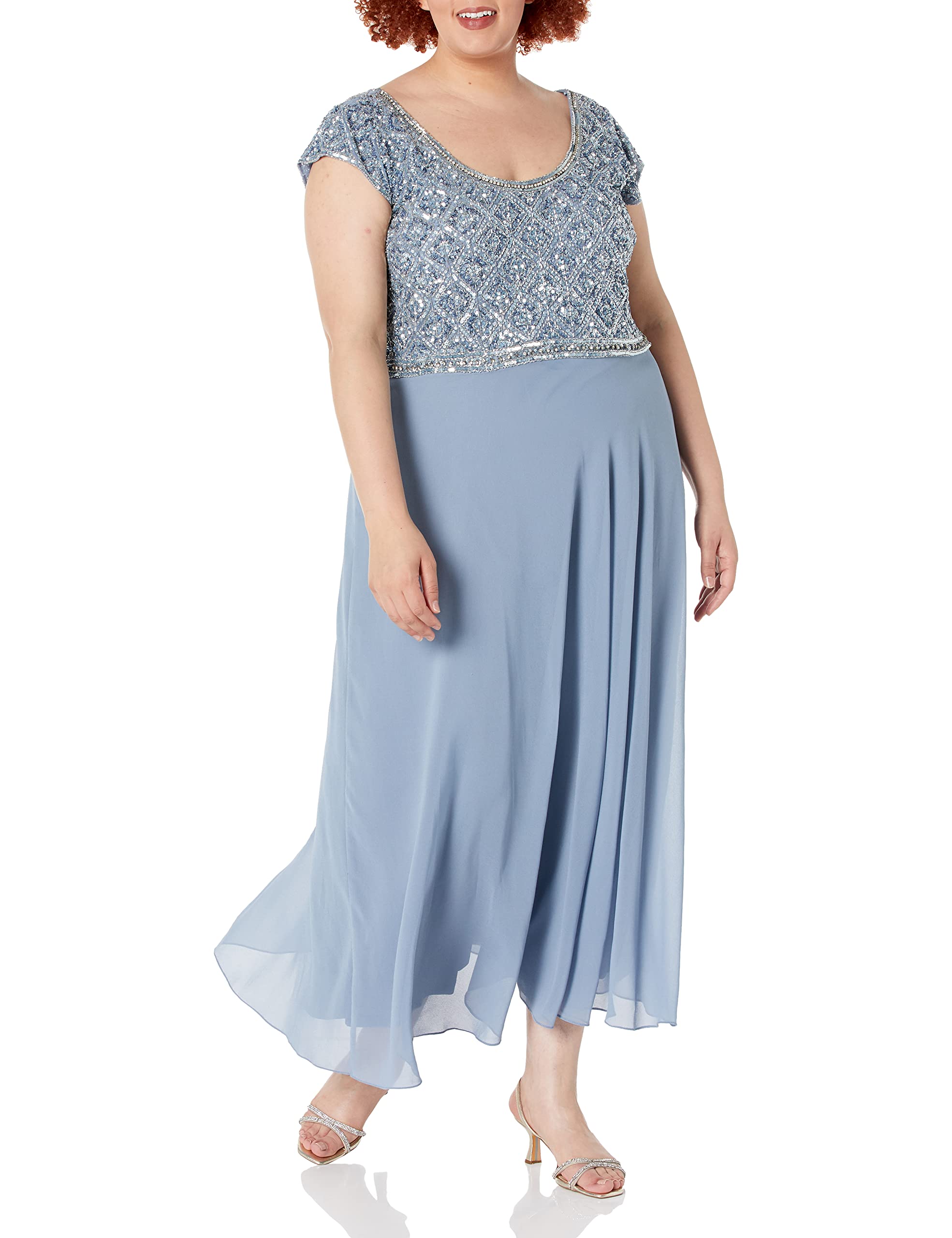 J Kara Women's Plus Size Short Sleeve Beaded Blouse & Maxi Dress - Elegant Boho Chic Top for Casual Outings, Date Nights & Summer Vacations