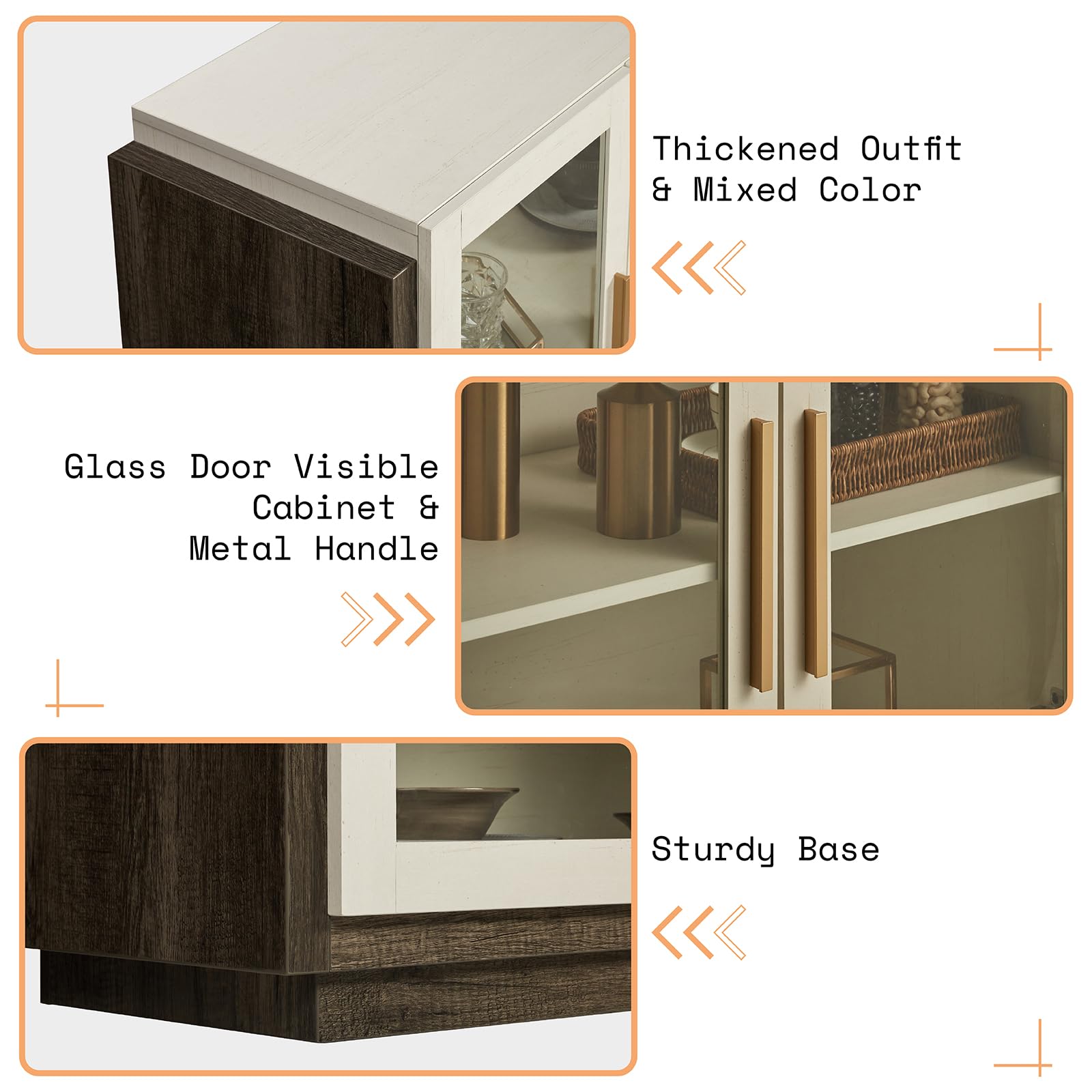 AMERLIFE Modern Sideboard Buffet Cabinet with LED Lights - White & Grey Accent Storage Cabinet with Glass Doors & Adjustable Shelves for Dining Room & Living Room | Perfect for Displaying China, Storing Linens, or as a Stylish TV Stand
