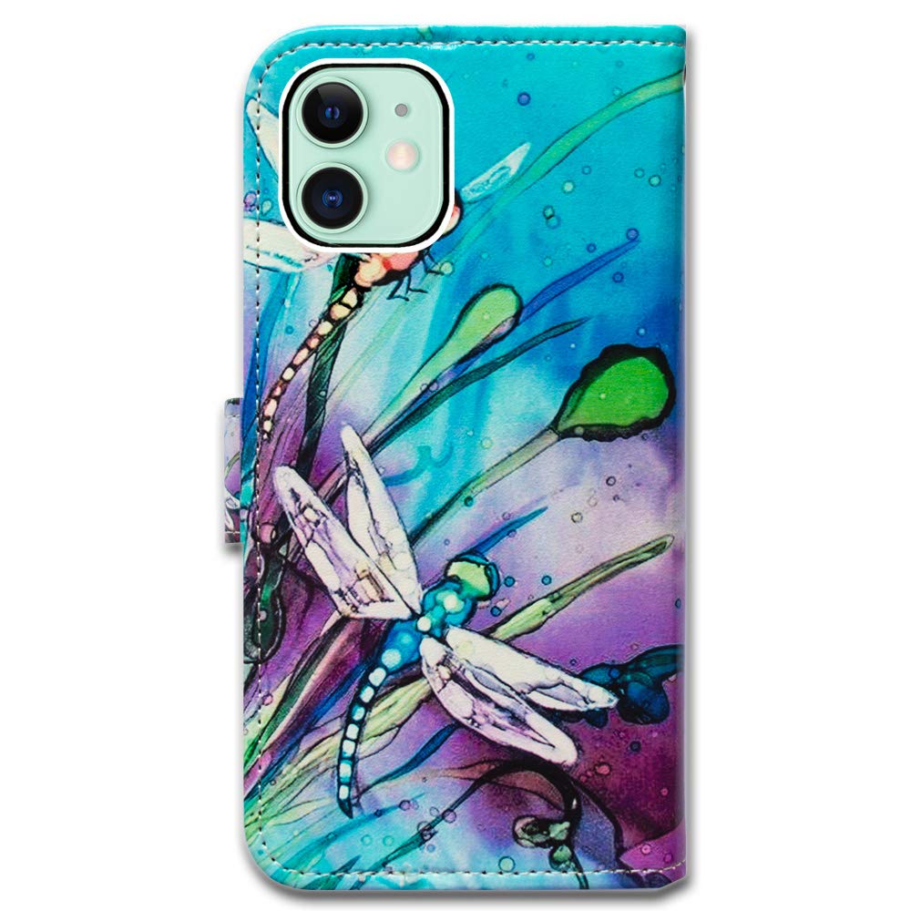 Cute Dragonfly Leather Flip Wallet Case for iPhone 12 Mini with Card Slot Holder & Kickstand - Stylish Protective Cover for Everyday Use, Travel, and Work