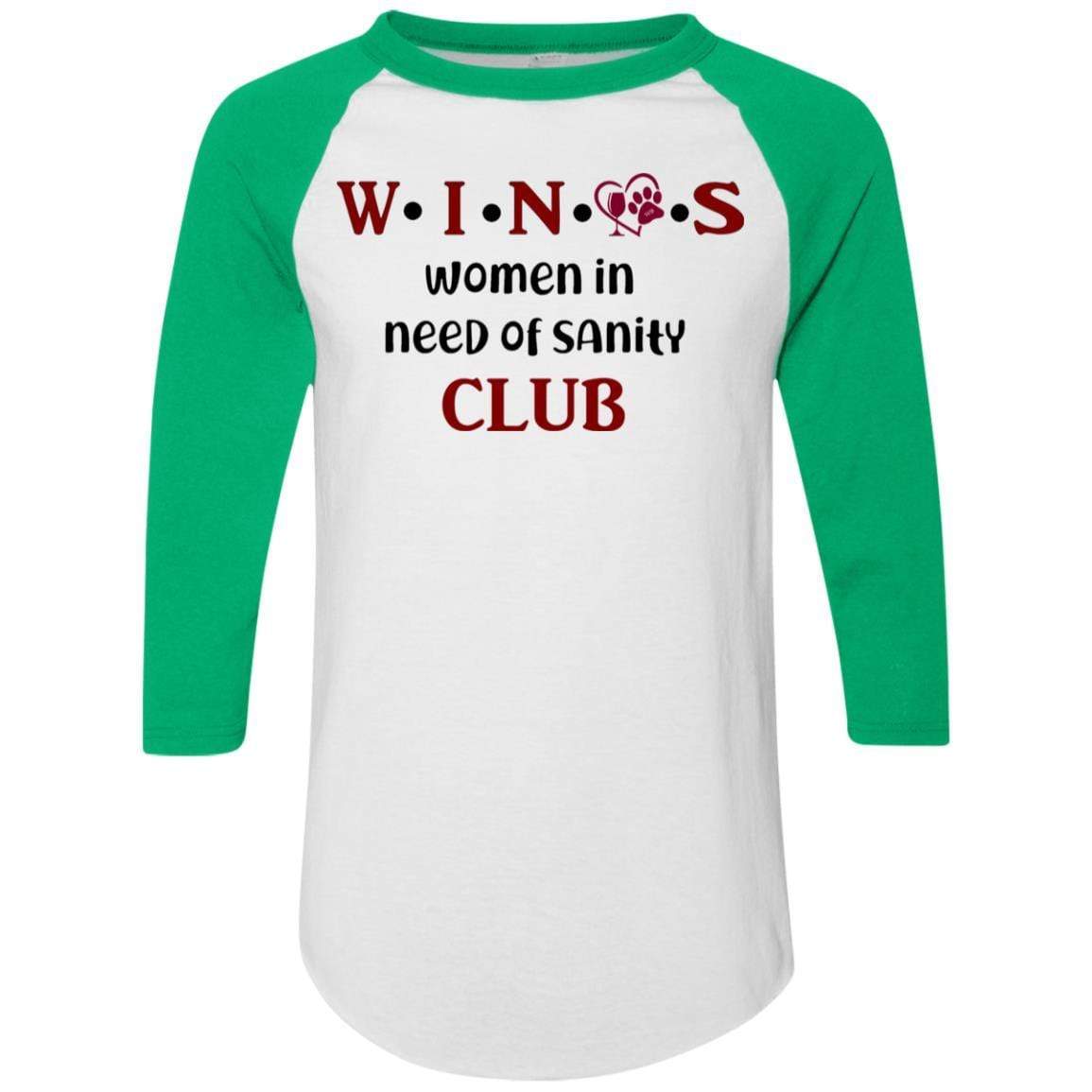 WineyBitches.Co WINOS Club Colorblock Raglan Jersey with Burgundy Lettering - Perfect for Wine Tasting Parties, Girls' Night Out & Casual Wear