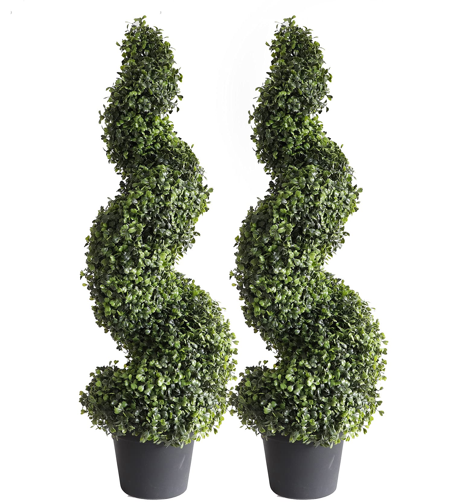 35 Inch Artificial Boxwood Spiral Topiary Trees Set of 2 - Faux Outdoor Topiary Plants in Black Pots for Patio, Garden, Porch & Home Decor