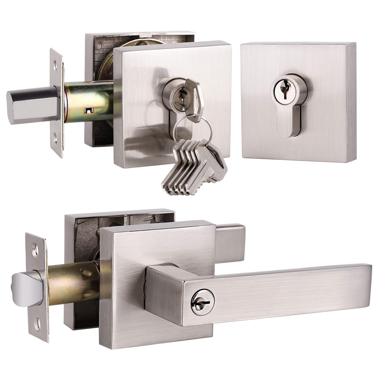 Gobrico Satin Nickel Door Handle & Deadbolt Lockset - Secure Front Entry for Homes