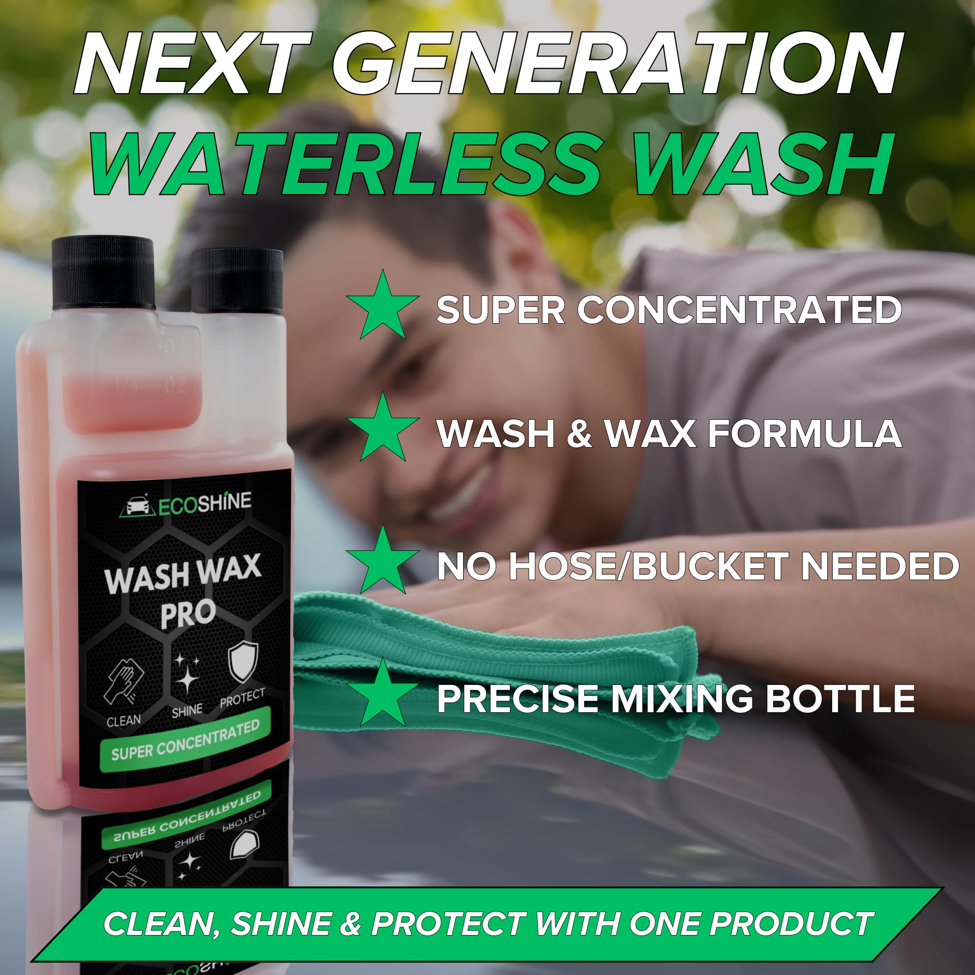 Eco-Friendly Waterless Car Wash Concentrate - Makes 16 Gallons of Spray Wax & Cleaner Solution for Exterior & Interior Detailing - Quick & Easy Car Cleaning for Home, Office & Travel Use