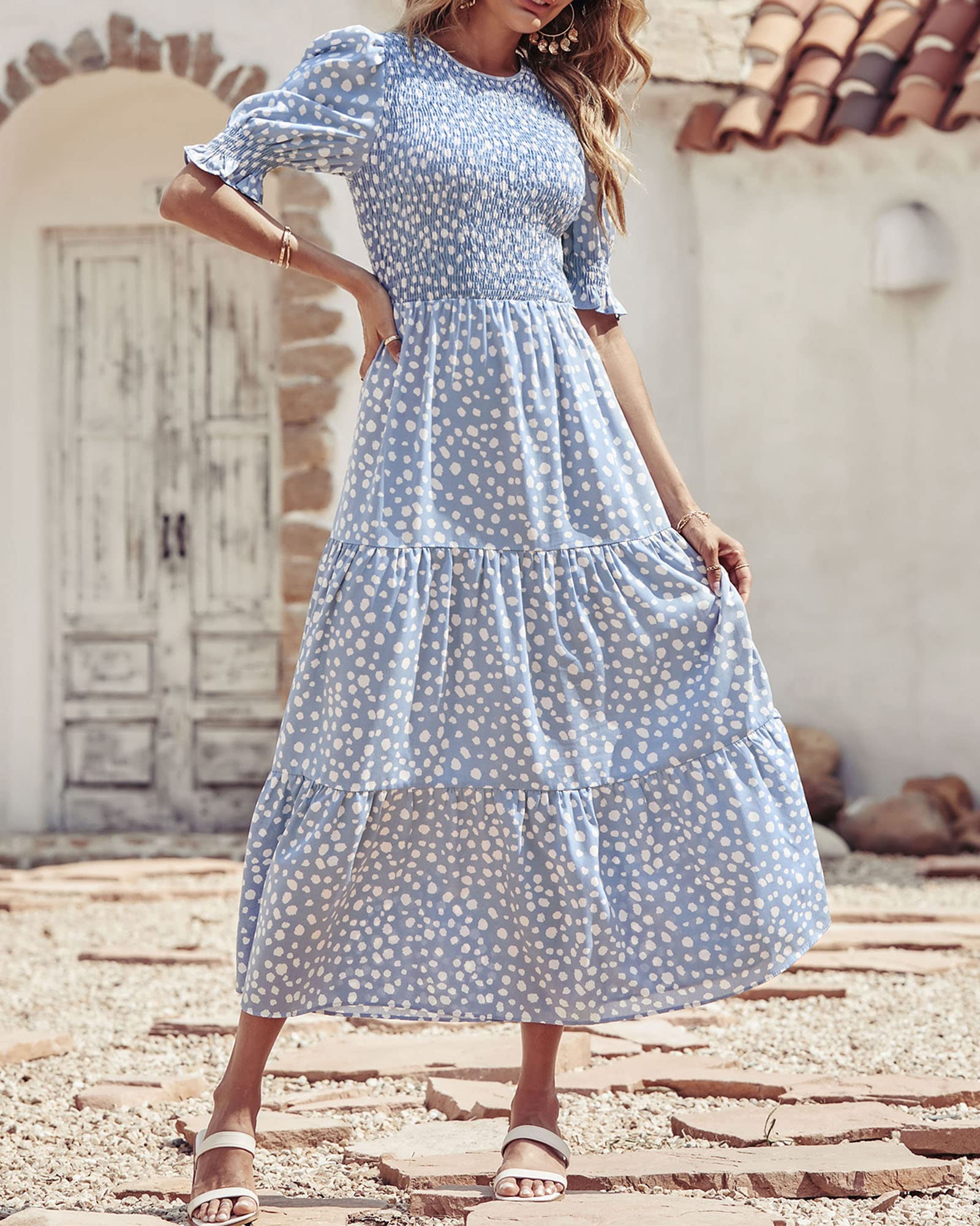 BTFBM Women's Casual Summer Maxi Dress - Floral Print Boho Flowy Smocked Ruffle Short Sleeve Crew Neck Dress for Spring/Summer 2025 | Perfect for Beach Vacations, Date Nights & Outdoor Parties