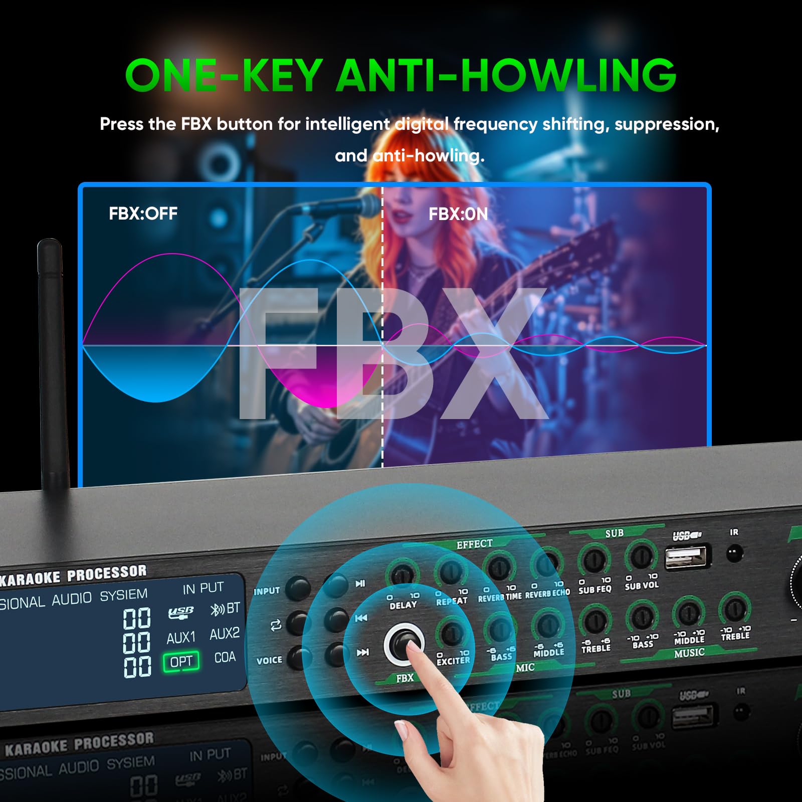 Professional AX-666 Karaoke Mixer System with Dual Wireless Mics, DSP Anti-Feedback, USB/MP3/Bluetooth - Perfect for Home KTV, Parties & Stage Performances