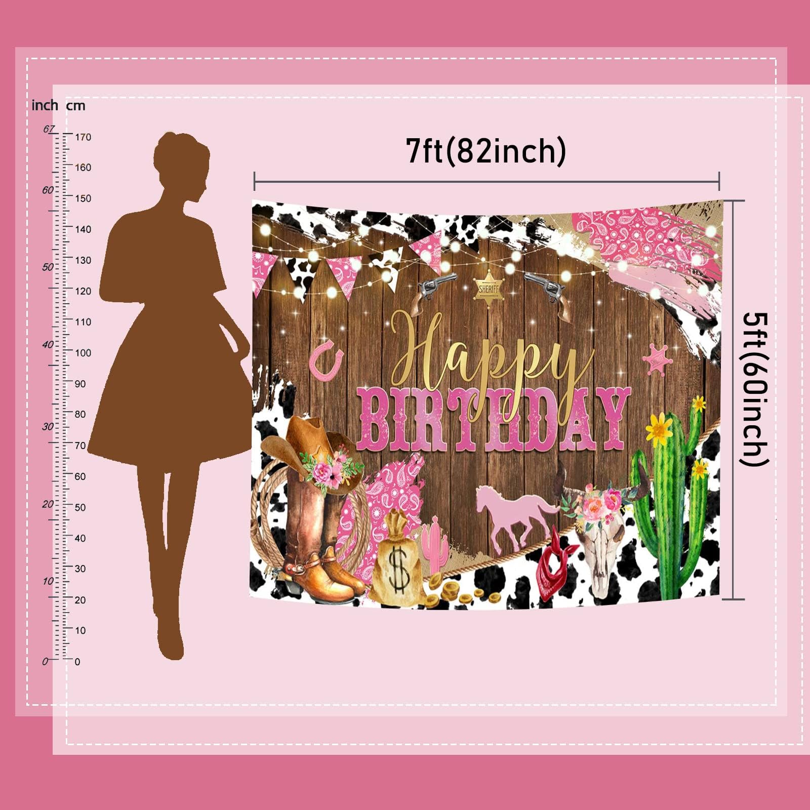 Western Cowgirl Birthday Backdrop - Rustic Rodeo Boot & Horse Theme Party Decor for Girls - 7x5ft (82x60 inch) Pink Photo Booth Background with Happy Birthday Banner - Perfect for Cowgirl Themed Birthday Parties, Baby Showers & Western Events