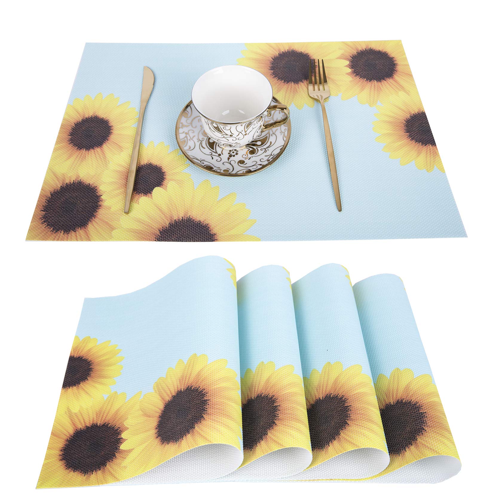 Sunflower Print Vinyl Placemats Set of 4 - Non-Slip, Heat Resistant & Washable Table Mats for Kitchen, Dining Room & Patio - Blue Floral Decor for Everyday Meals & Special Occasions