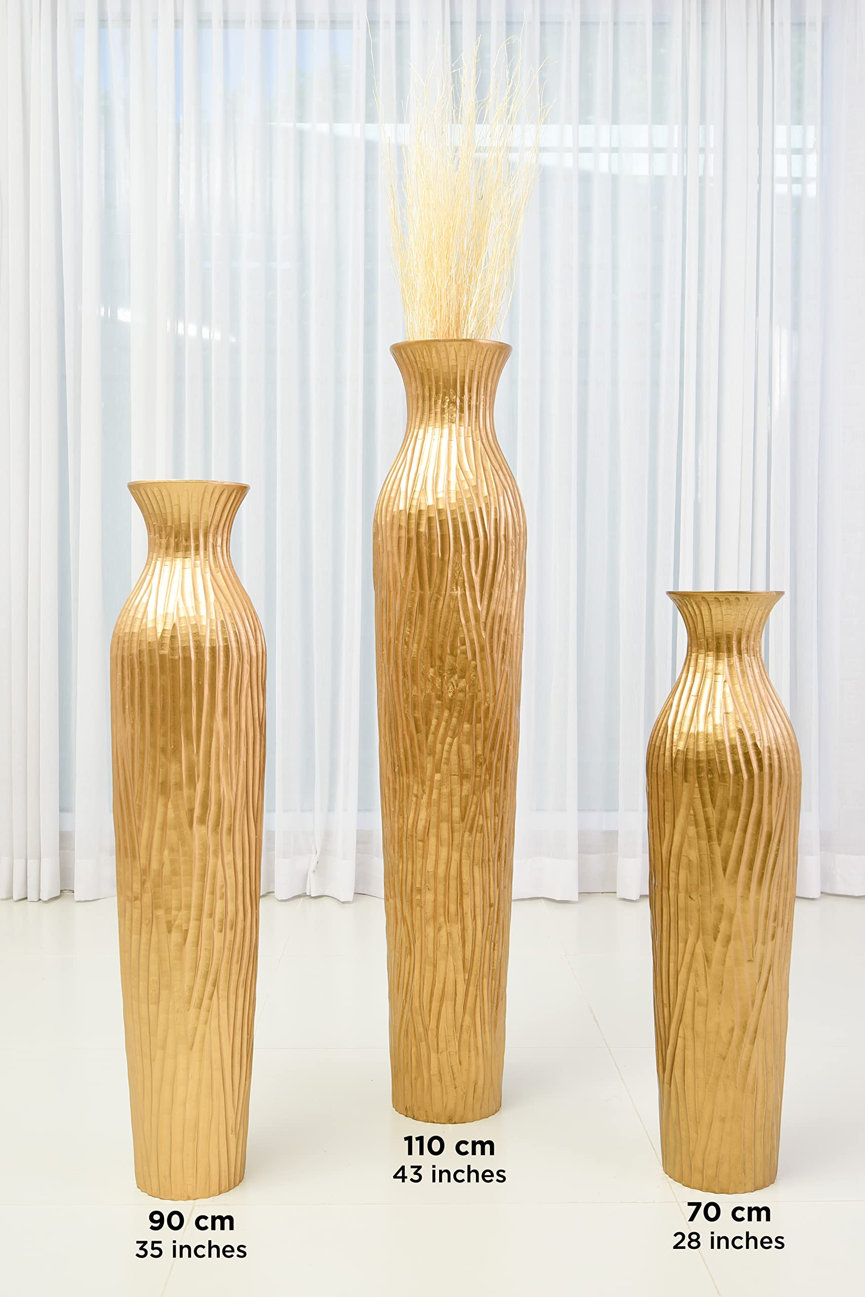 LEEWADEE Large 36-inch Wooden Floor Vase - Handmade Golden Flower Holder for Decorative Branches & Dried Flowers - Elegant Home Decor for Living Room, Entryway or Office