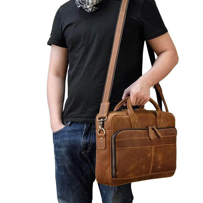 Vintage Genuine Leather 14 Inch Laptop Messenger Bag for Men & Women - Stylish Work Commute & Business Travel Briefcase