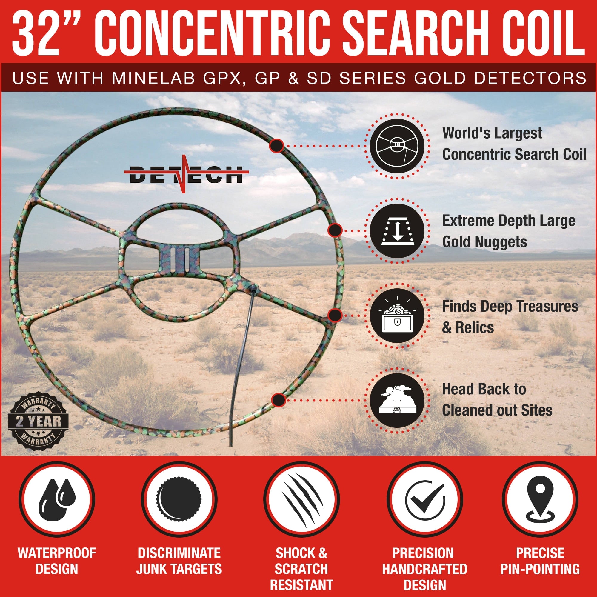Detech 32 Concentric Search Coil for Minelab GPX, GP, SD Series Gold Metal Detectors - Professional Gold Prospecting Accessory for Treasure Hunting & Metal Detecting in Fields, Beaches & Mountains