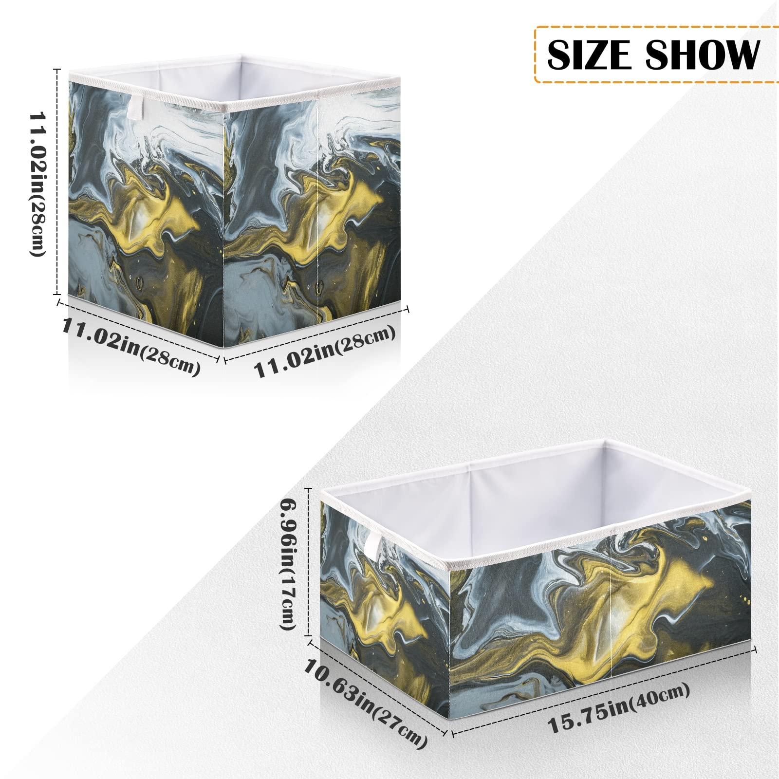 Modern Black Gold Marble Texture Acrylic Painting Square Storage Basket - Foldable Collapsible Organizer Bin for Toys, Clothes, Nursery | Easy Assembly Home Decor & Organization Solution