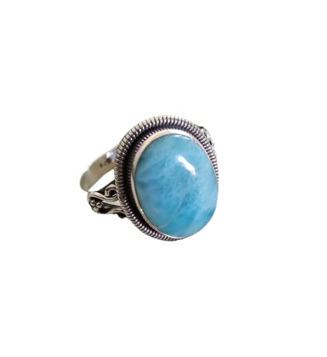 Larimar Ring 925 Sterling Silver - Genuine Dominican Republic Larimar Stone, March Birthstone Jewelry, Hippie Style Charm Ring, Blue Stone Jewelry for Women - Perfect Boho Gift for Birthday, Anniversary & Spiritual Healing