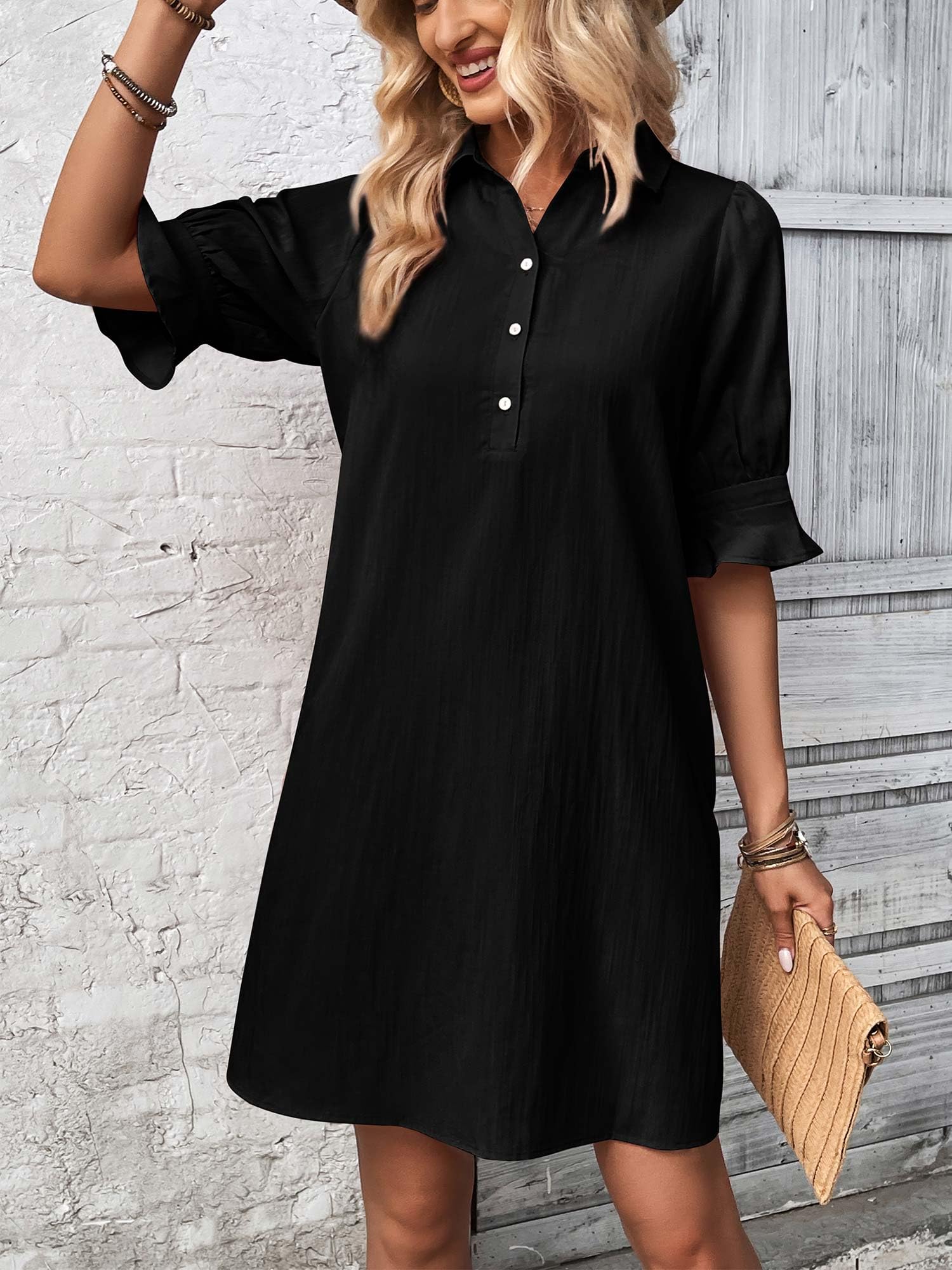 FENSACE Women's Casual Shirt Dress with Ruffle Sleeves & Pockets - Button Down Summer Shift Dress for Work, Travel & Beach Outings