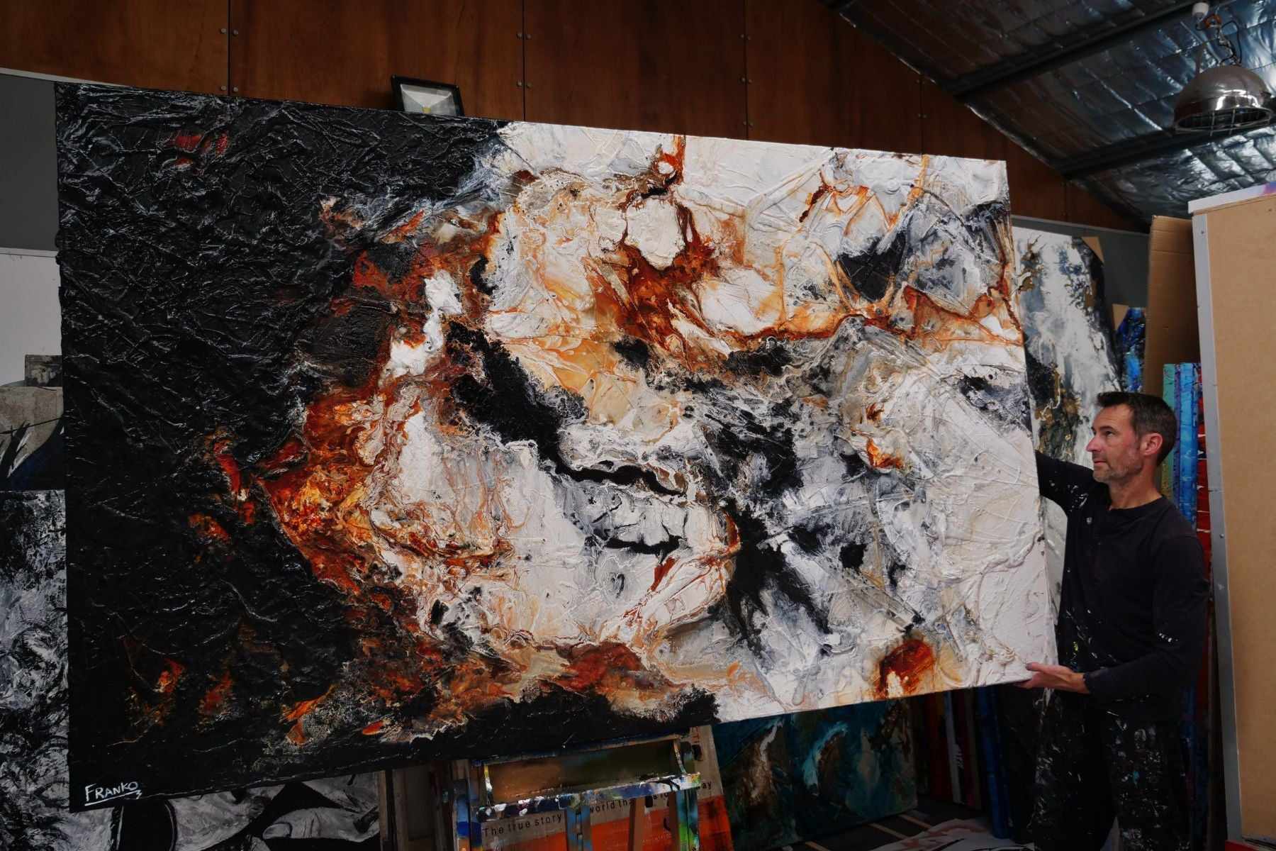 Rusted Oxide 250cm x 150cm Abstract Textured Canvas Painting in Black, Brown & White - Modern Wall Art for Living Room, Bedroom or Office Decor
