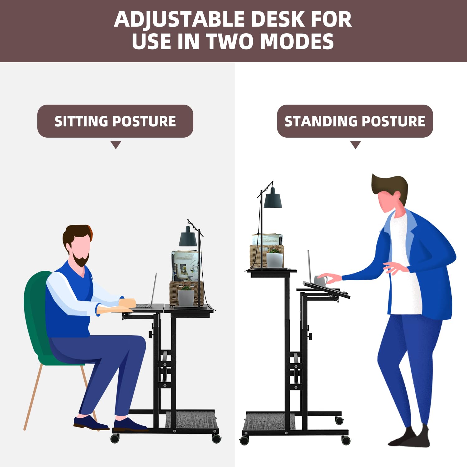 Adjustable Mobile Computer Desk Cart with Wheels - Portable Standing & Sitting Workstation for Home Office - Black - Ideal for Remote Work, Gaming & Study Spaces
