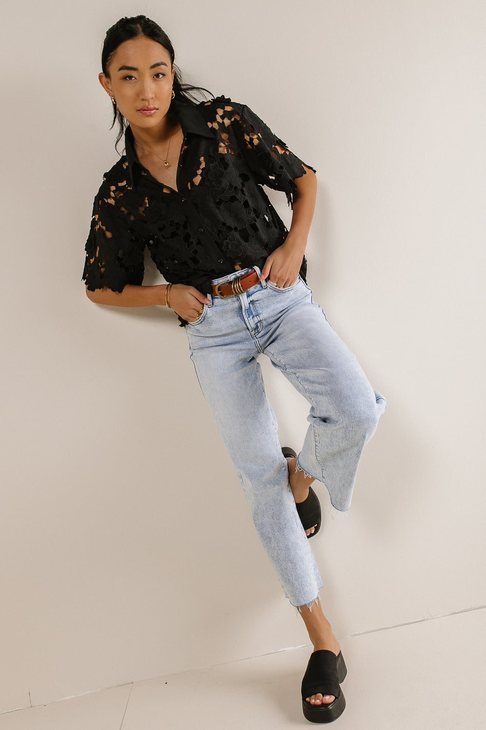 Black Floral Lace Button Up Blouse for Women - Elegant Long Sleeve Shirt for Office, Date Night & Special Occasions