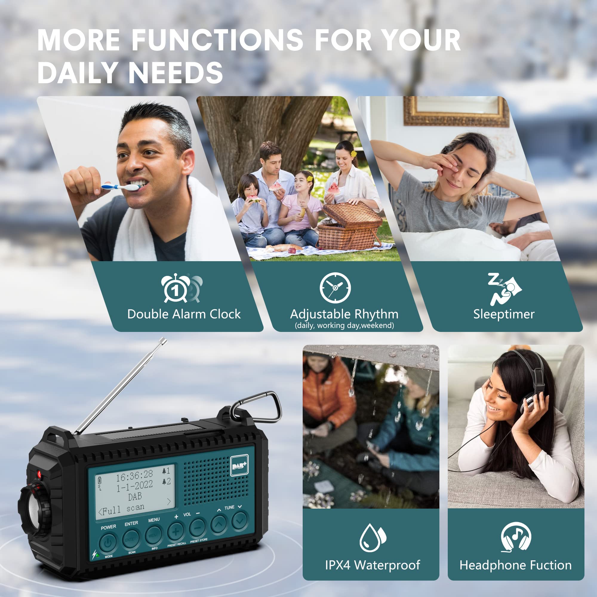 Solar & Hand Crank Emergency Radio with DAB+/DAB/FM, 5000mAh Power Bank, LCD Display, USB Charging, Flashlight & Reading Lamp - Portable Survival Radio for Camping, Hiking, Emergencies & Outdoor Adventures (Blue)