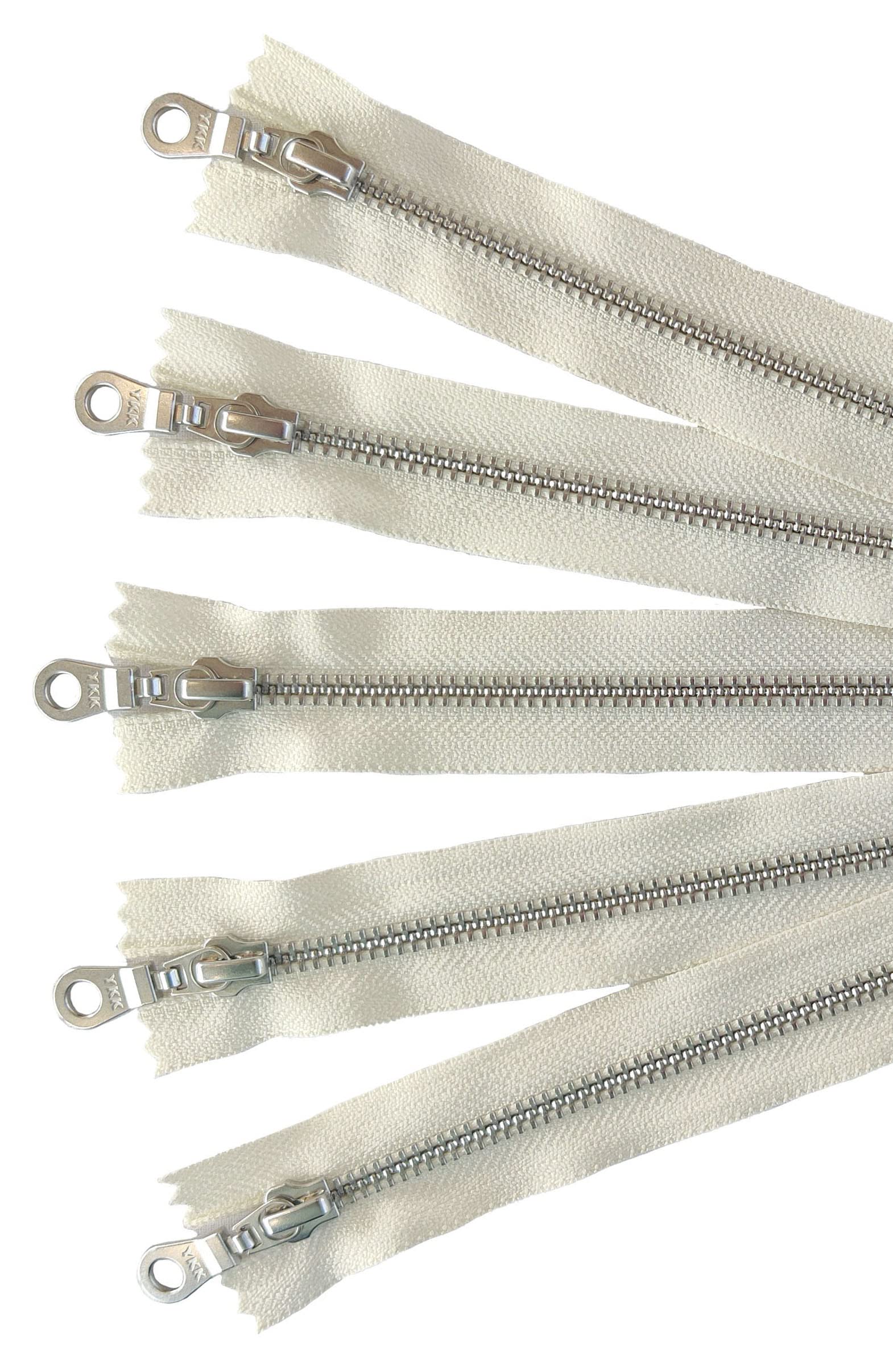 YKK #5 Aluminum Silver Metal Zippers 8 Inch - Vanilla Cream Offwhite Closed End with Donut Pull - Set of 5 for DIY Crafts, Handbags, Garments & Sewing Projects | Premium Quality Fashion Accessories by Craftbot