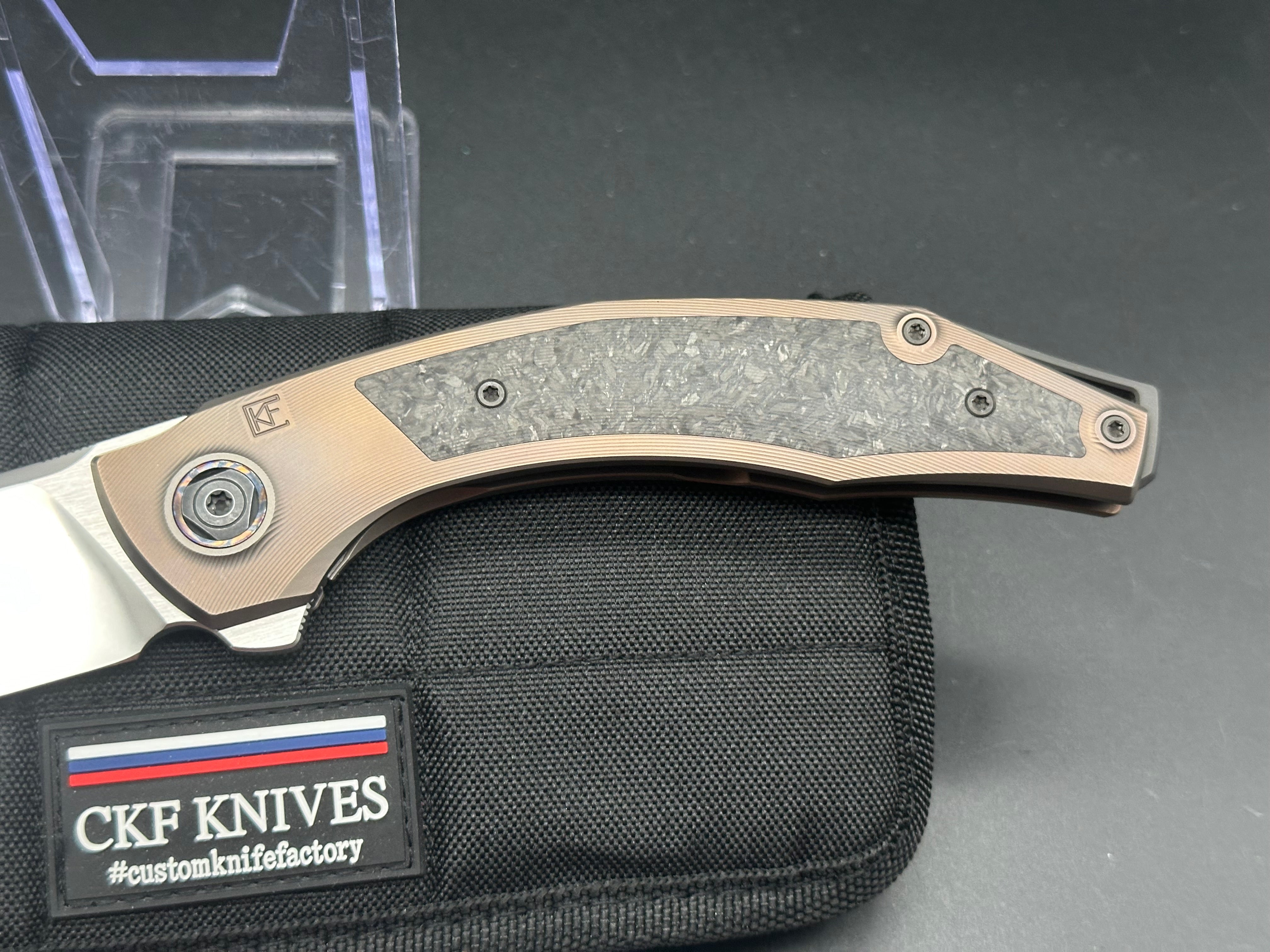 CKF Custom Knife Factory Ablya Folding Knife - Bronze Titanium, Carbon Fiber & Zircuti Handle with M390 Steel Blade - EDC, Outdoor, Camping, Survival Gear