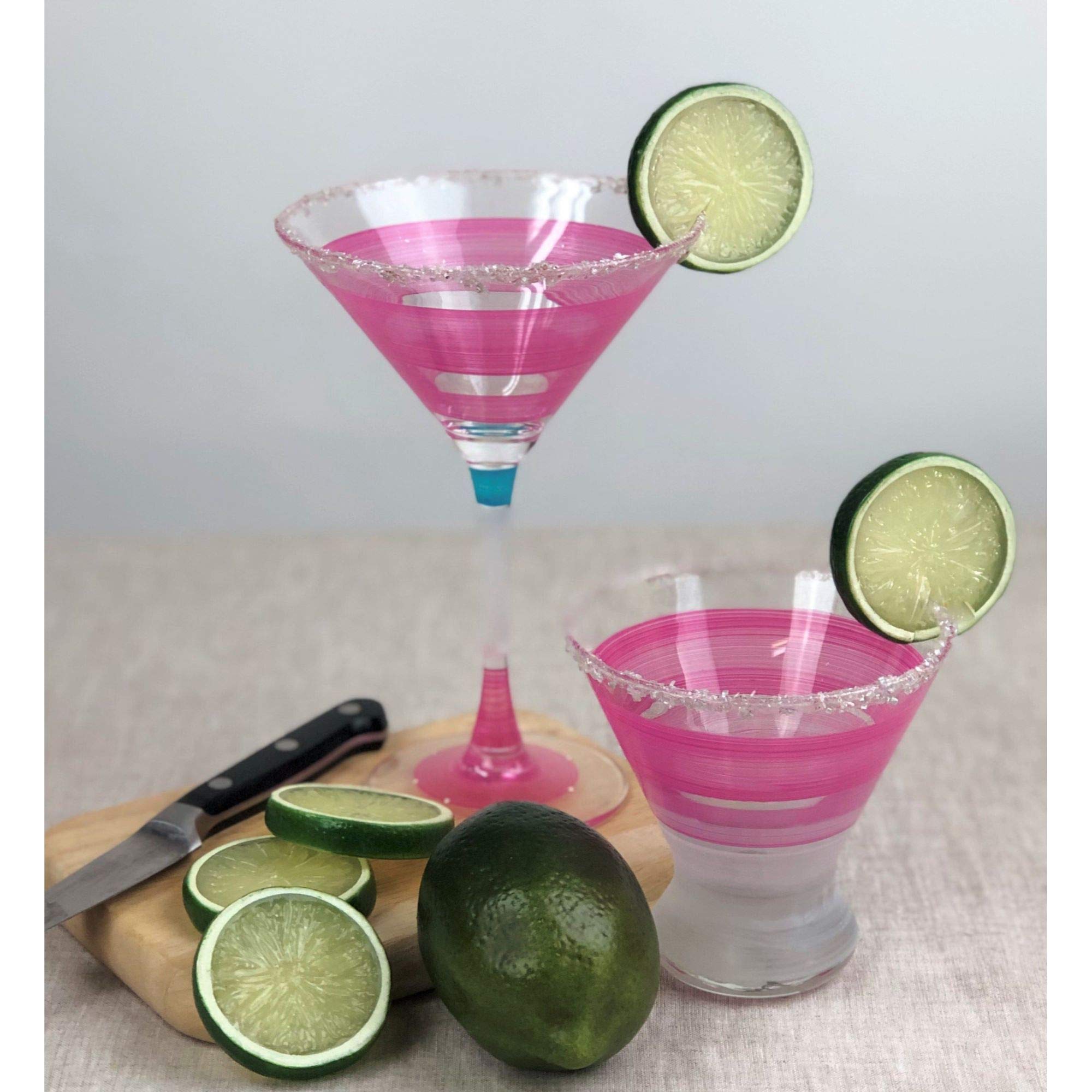 Vintage Pink Striped Hand-Painted Martini Glasses Set of 2 - 7.5 oz Cocktail Cups for Home Bar, Dinner Parties & Retro-Themed Events