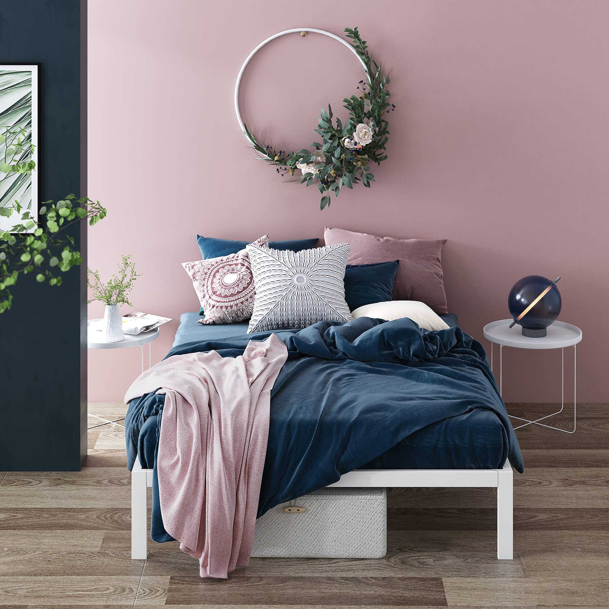 ZINUS Mia Metal Bed Frame - Wood Slat Support, No Box Spring, Easy Assembly - Full Size White for Modern Bedrooms