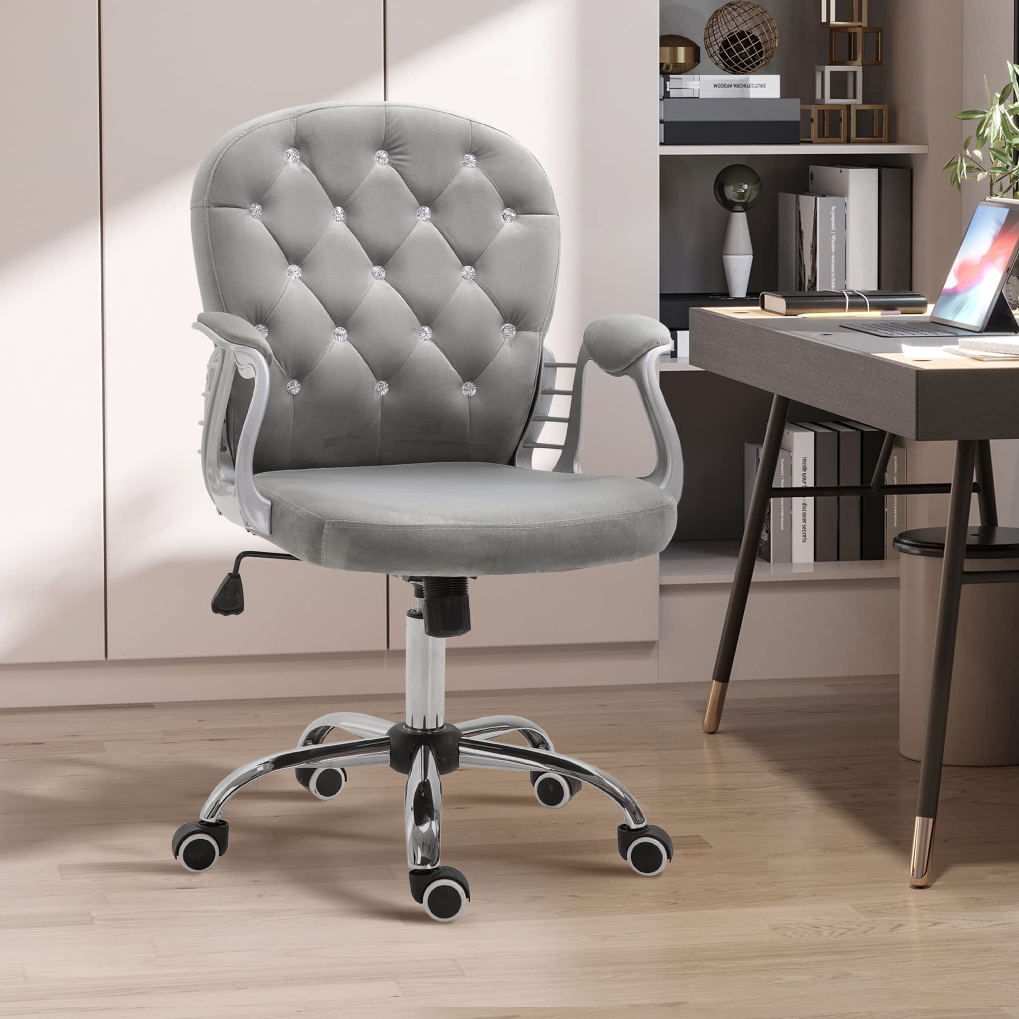 Vinsetto Velvet Home Office Chair - Button Tufted Ergonomic Desk Chair with Padded Armrests, Adjustable Height & 360° Swivel Wheels, Gray - Perfect for Home Office, Gaming & Study Workspace