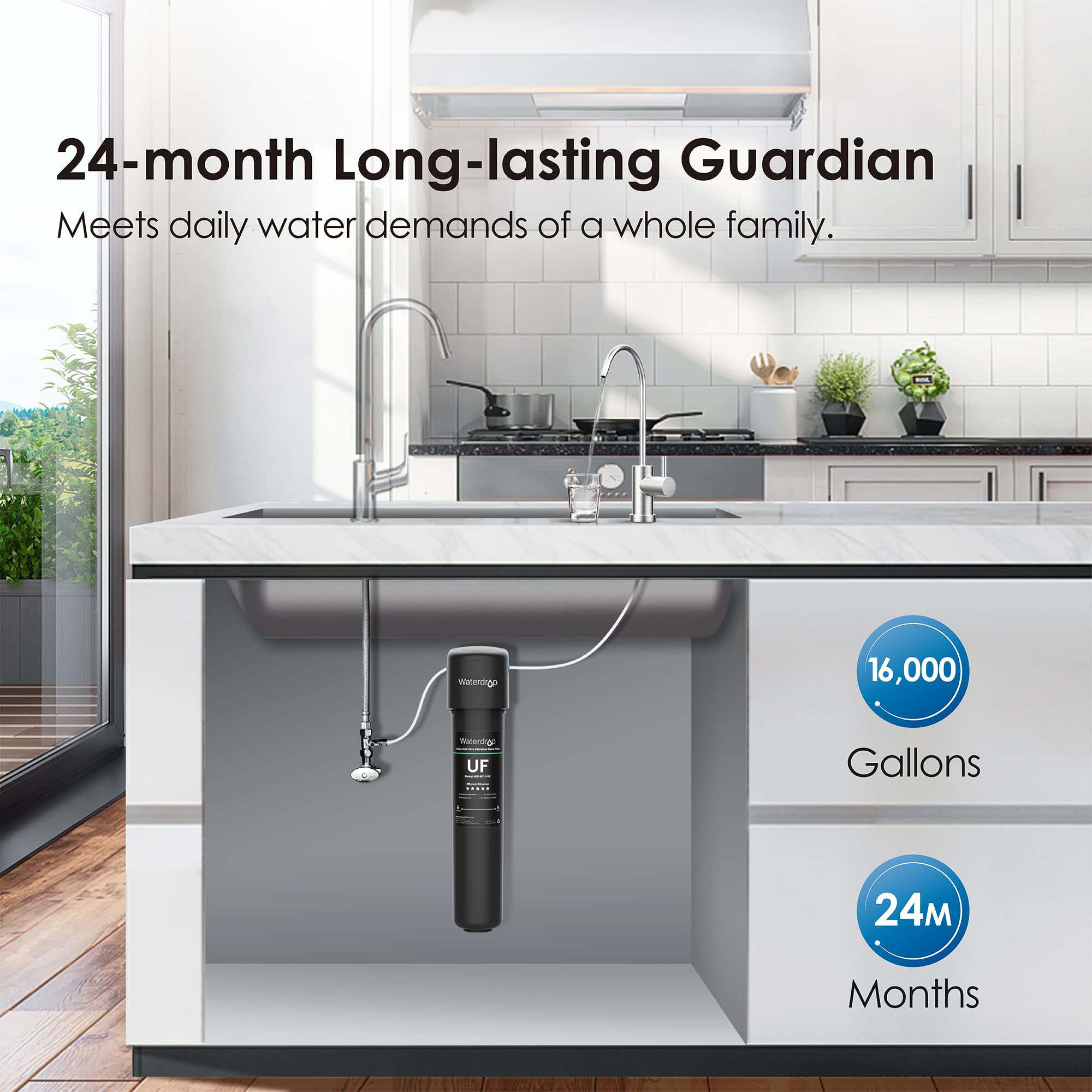 Waterdrop 15UB-UF 0.01 Micron Under Sink Water Filtration System - Reduces Bacteria, Lead, Chlorine, Bad Taste & Odor - 16,000 Gallon Capacity with Brushed Nickel Faucet - Perfect for Kitchen, Home & Office Use - USA Technology