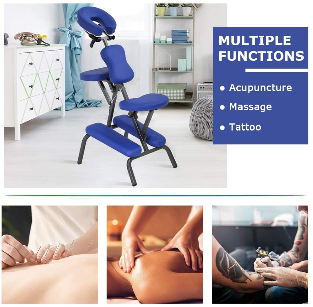 Foldable Massage Chair - Adjustable Tattoo & Spa Chair with Free Carry Case & Face Cradle - Portable Therapy Chair for Home, Salon & Clinic - Blue
