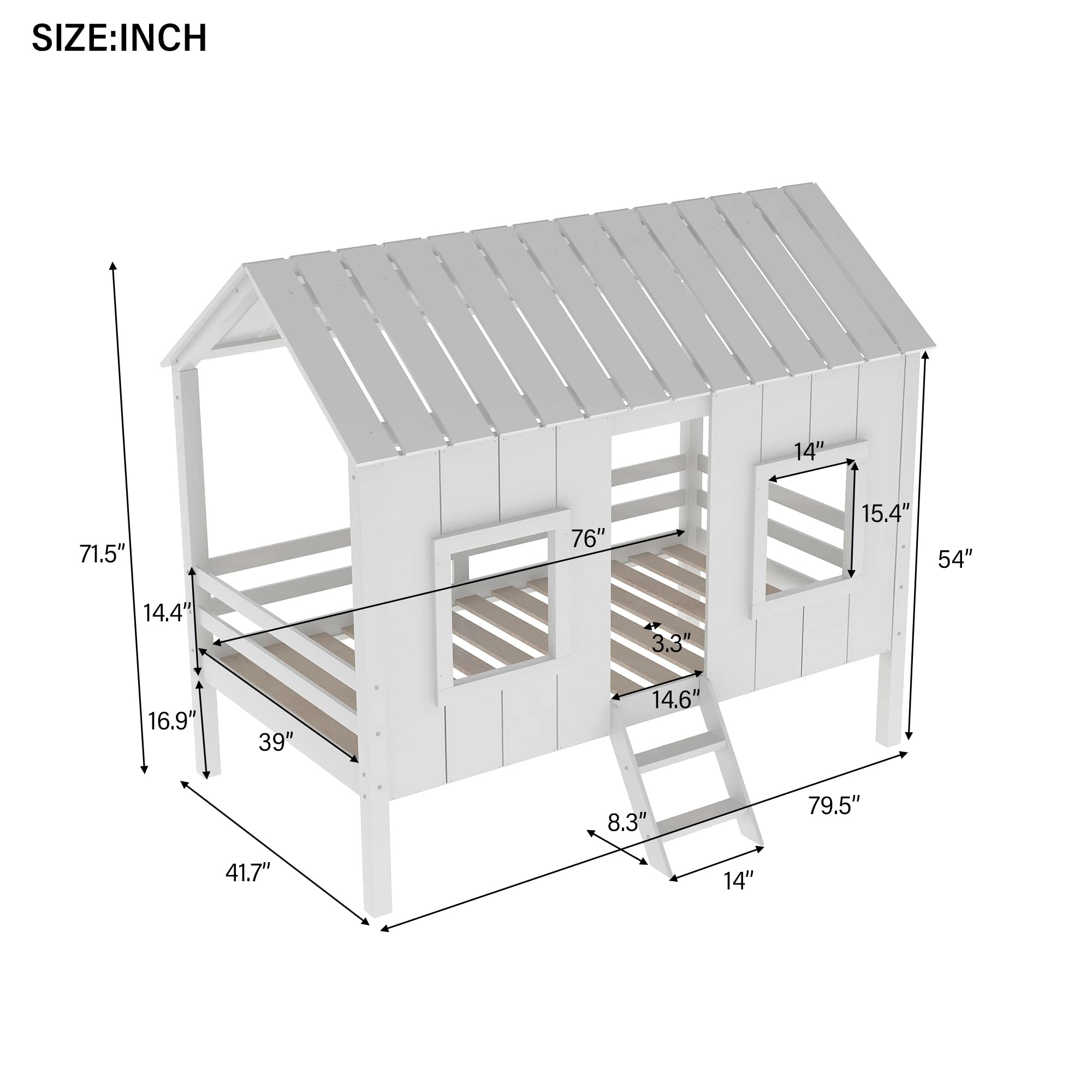 LZ LEISURE ZONE Twin Size Low Loft Wood House Bed with 2 Front Windows & Ladder - No Box Spring Needed - White - Perfect for Kids' Bedroom, Small Spaces & Dorm Rooms