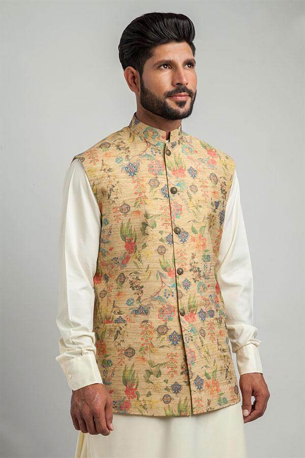 Khaki Bloom Digital Floral Print Waistcoat Vest for Women - Stylish Layering Piece for Office, Wedding & Spring Outfits