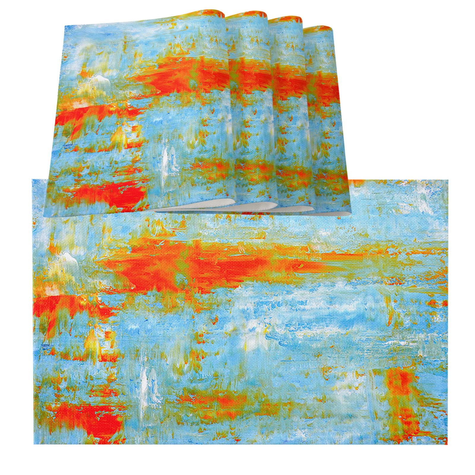 Abstract Geometric Graffiti Art Cotton Linen Placemats Set of 4 - Orange Red Blue Oil Painting Design for Square/Rectangle/Round Dining Tables - Waterproof Kitchen Table Mats for Holiday Decor & Dinner Parties