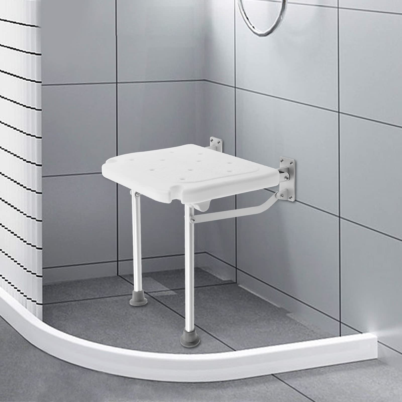 Foldable Wall-Mounted Steel Shower Stool with Non-Slip Rubber Feet - Adjustable Bath Seat for Elderly & Disabled - Perfect for Small Bathrooms, Assisted Living & Spa Relaxation