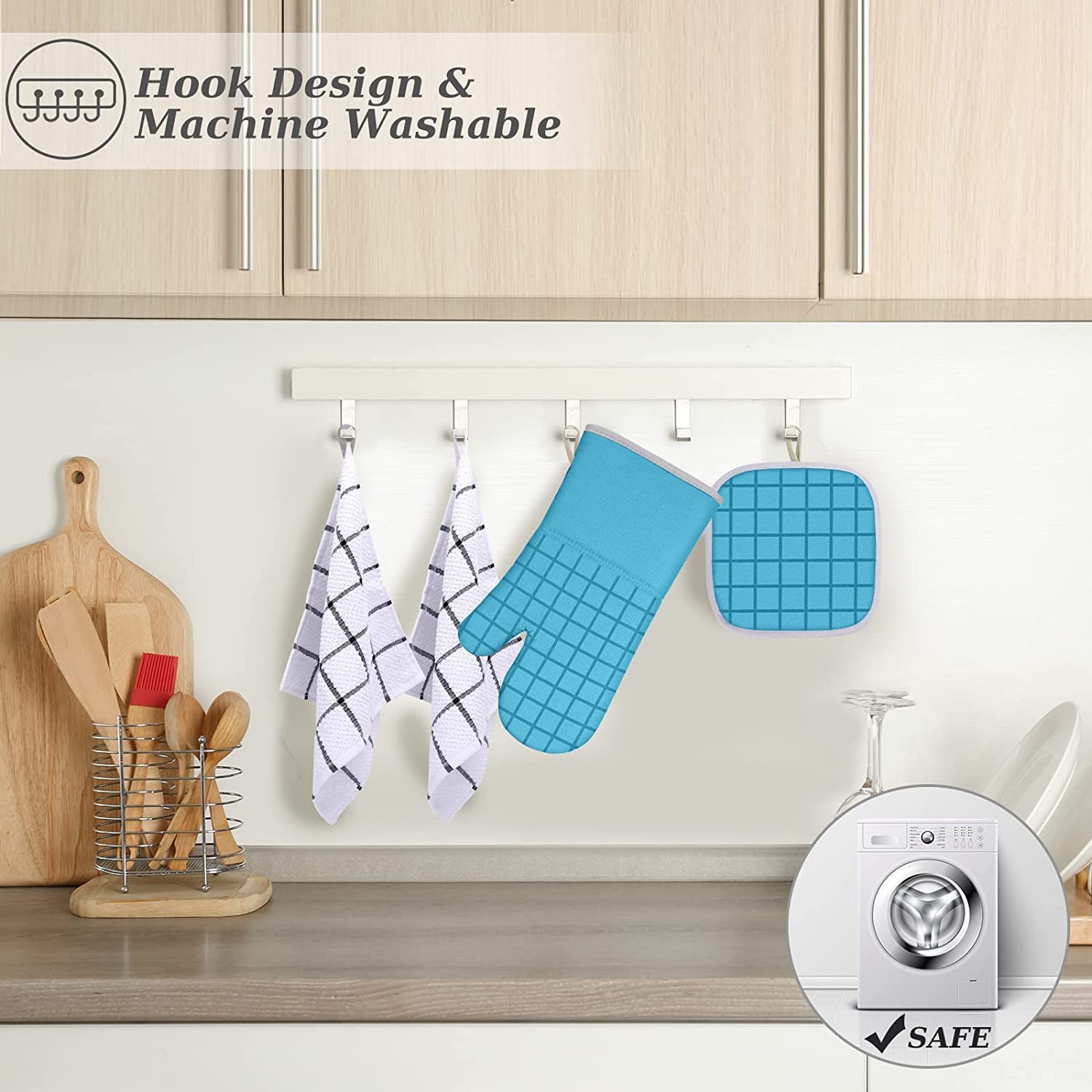 Heat Resistant Oven Mitts & Pot Holders Set - 500°F Safe Kitchen Mitts with Dish Towels & Dishcloths, 6-Piece Turquoise Set for Baking, Cooking & Grilling - Includes Hanging Loop for Easy Storage