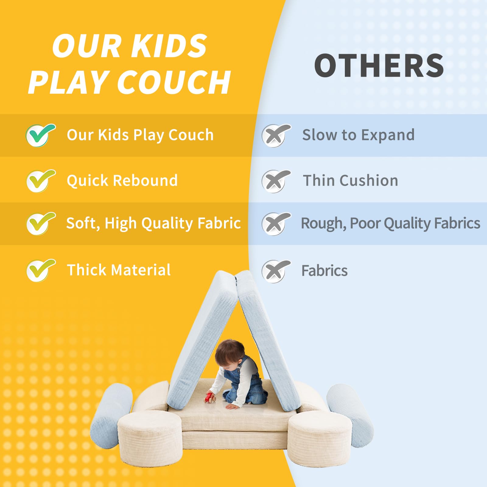 10PCS Modular Kids Play Couch Set - Soft Toddler Sofa for Boys & Girls - Playroom Furniture in Beige & Light Blue (Medium Size) - Perfect for Playtime, Reading Nook & Kids' Lounge Area