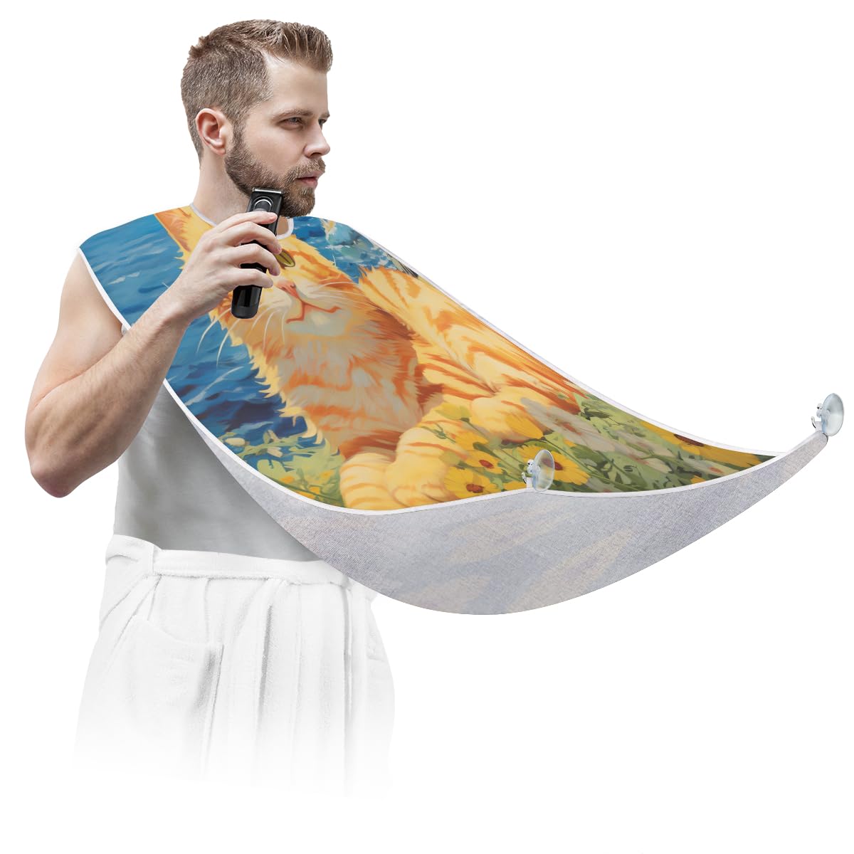 Yellow Cat Flowers Beard Shaving Bib for Men - Waterproof Hair Dye Apron & Makeup Cape for Barber Styling, Beard Trimming & Haircut Accessories - Perfect for Home Grooming, Salon Use & Gift for Barbers
