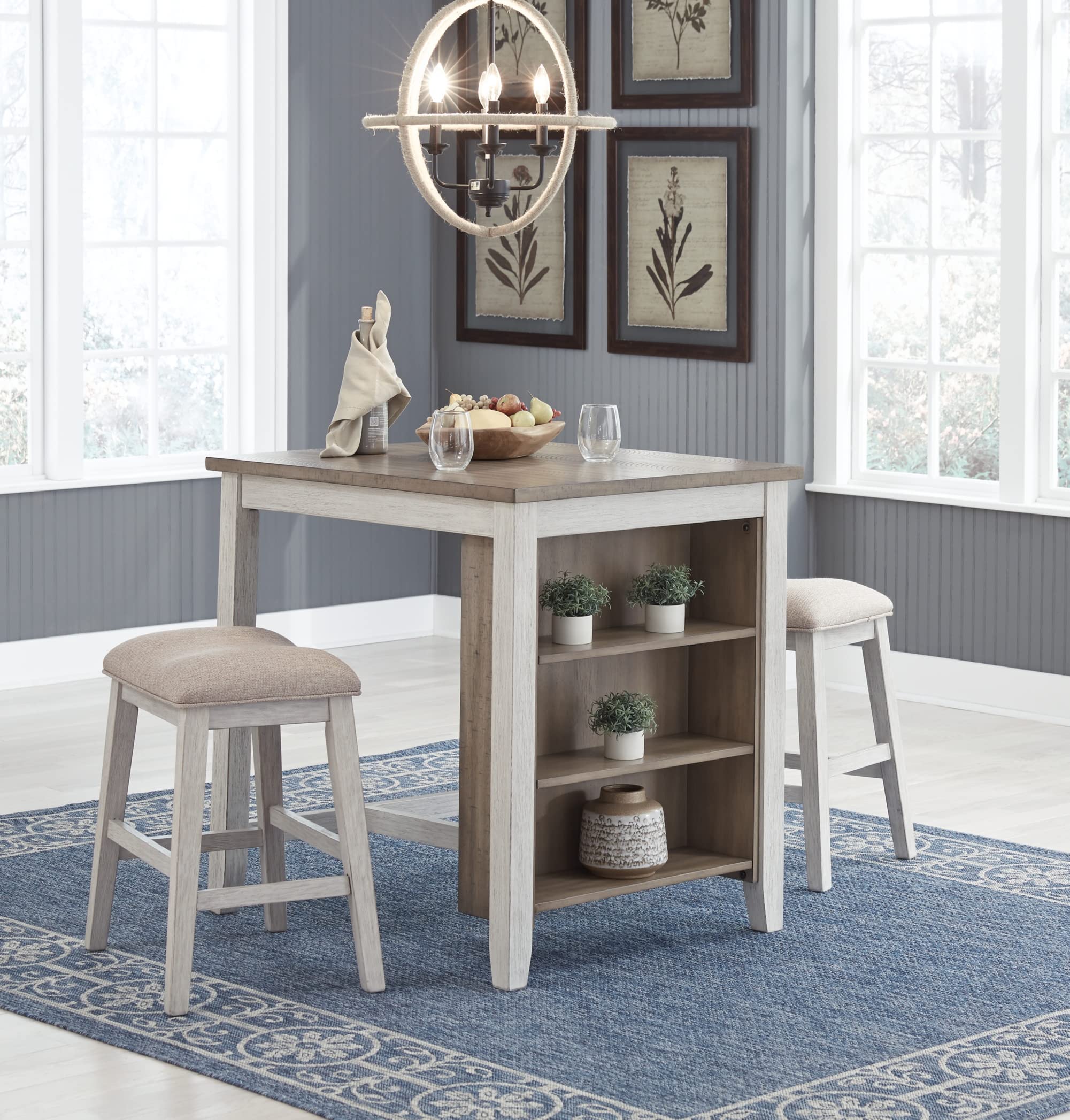 Signature Design by Ashley Skempton 3-Piece Counter Height Dining Set - Whitewash Finish Table with 2 Bar Stools | Perfect for Kitchen, Breakfast Nook & Small Space Dining Areas