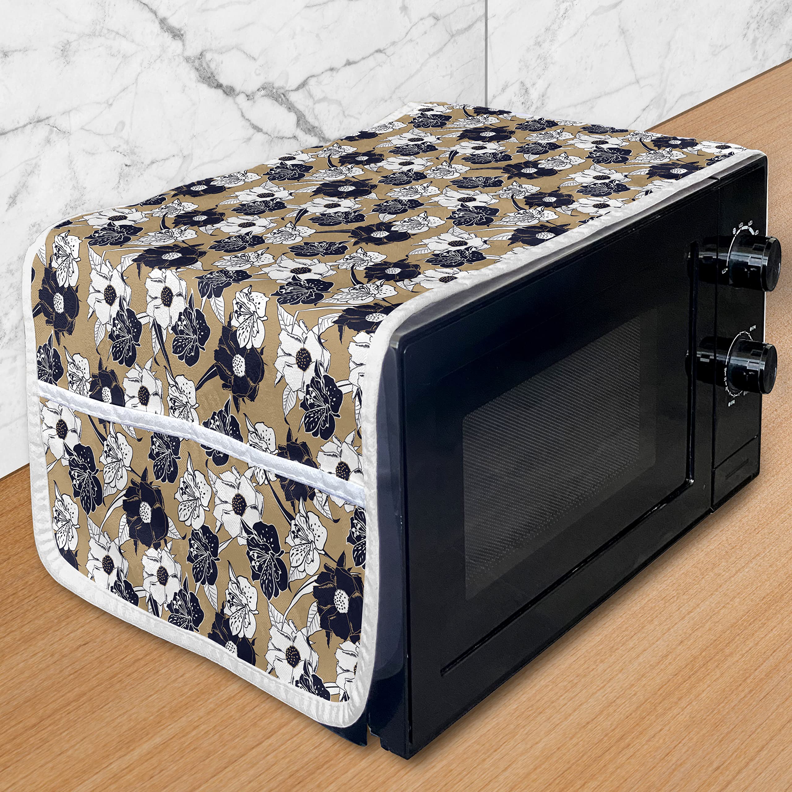 Ambesonne Floral Microwave Cover - Hand-Painted Blooming Flowers Design, Waterproof Kitchen Organizer with Pockets, 36