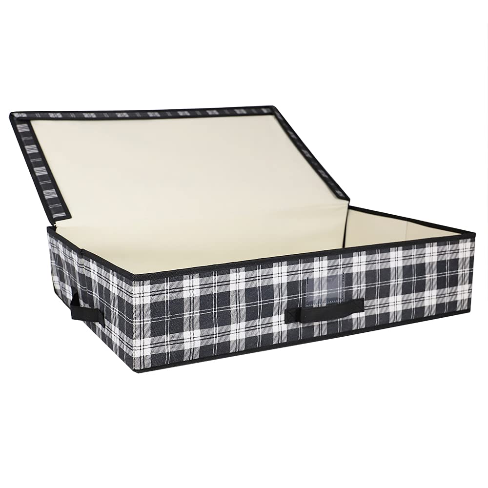 Breathable Non-Woven Fabric Under Bed Storage Box with Label Window | White Black & Grey Plaid Design | Sturdy Fiberboard Construction for Home Organization | Perfect for Seasonal Clothes, Blankets & Bedding Storage