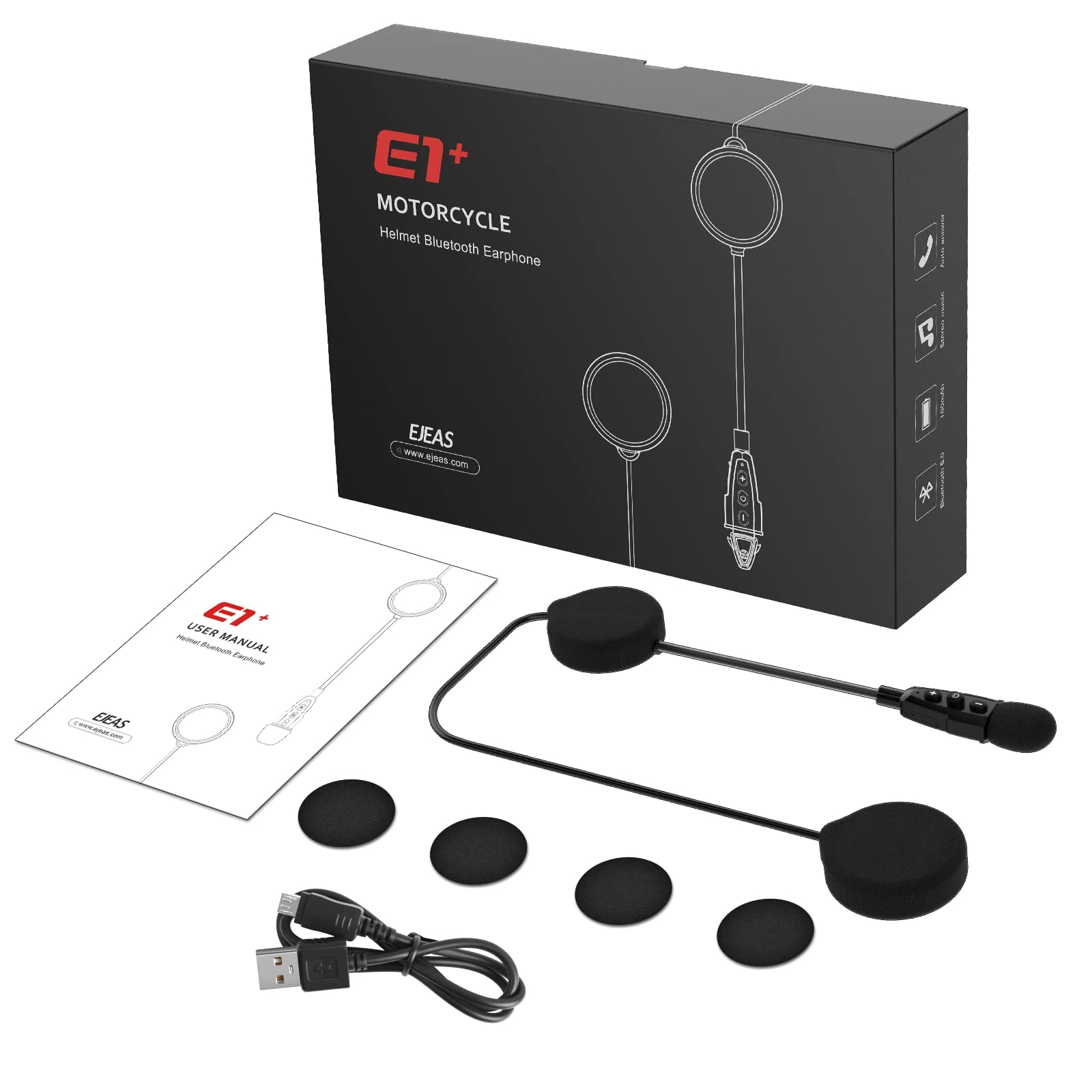 EJEAS E1+ Motorcycle Bluetooth Headset with Helmet Speakers - Bluetooth 5.1 Wireless Intercom, Auto Answer Call & Noise Cancellation, Dual Phone Connectivity - Perfect for Riding, Commuting & Group Tours