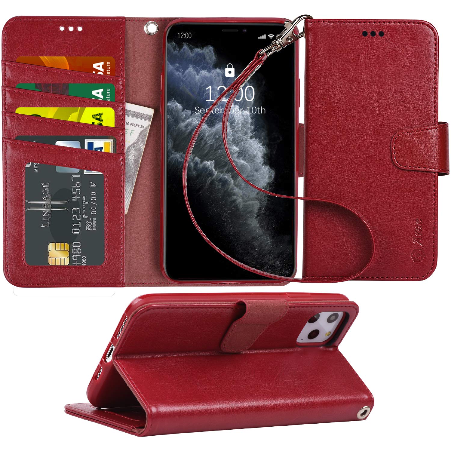 Premium iPhone 11 Pro Max Case with Credit Card Holder & Wrist Strap - Slim Protective Cover for iPhone 11 Pro Max (6.5 Inch) - Wine Red | Perfect for Daily Use, Travel & Hands-Free Convenience