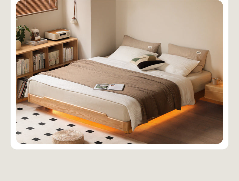 Modern Solid Wood Platform Bed - Oak & Beech Frame, Floating Design with Optional Headboard & LED Lighting - Perfect for Contemporary Bedrooms & Minimalist Home Decor