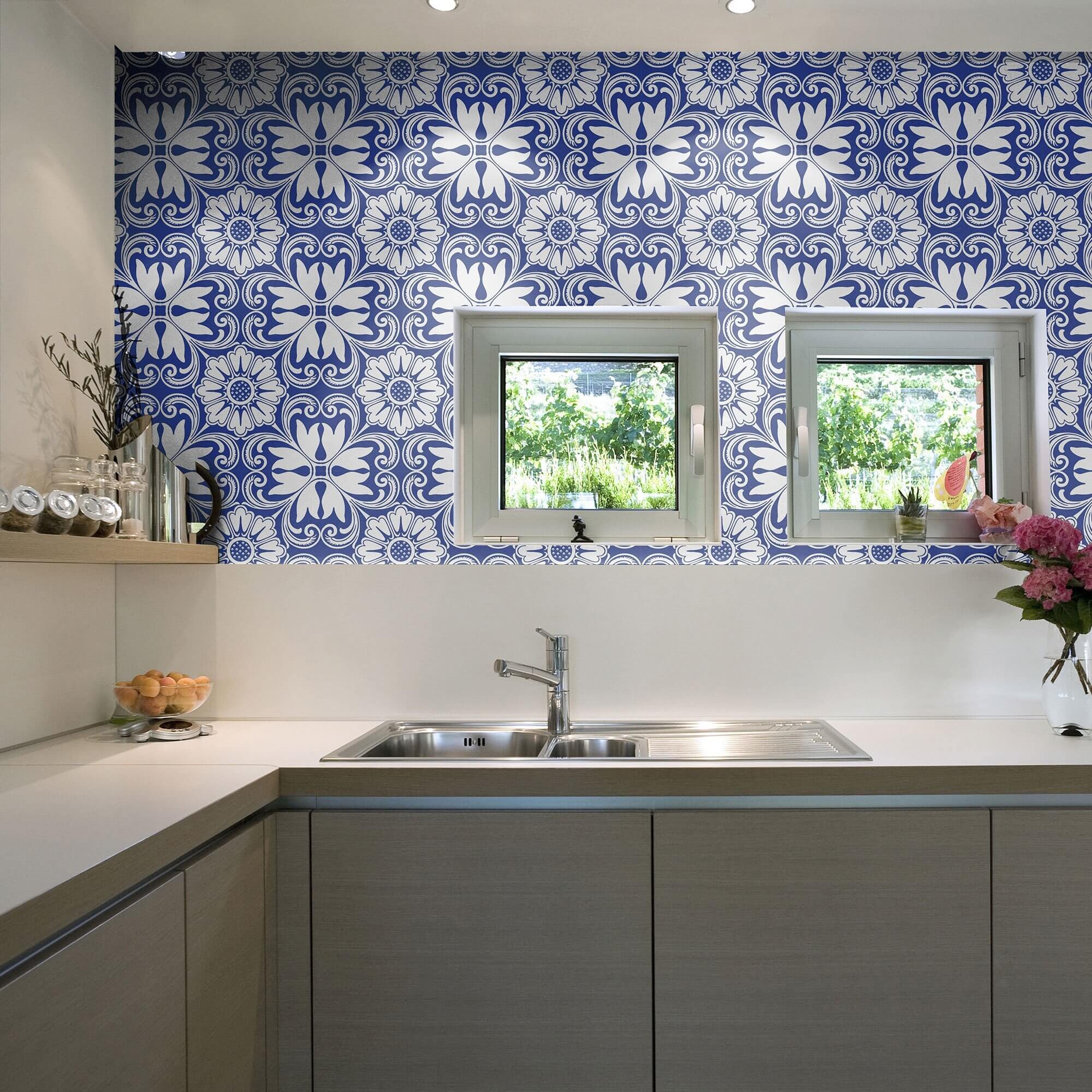 Blue Floral Tile Adhesive Peel and Stick Removable Wallpaper 5717 - Self-Adhesive Wall Decor for Kitchen Backsplash, Bathroom, Nursery & Home Renovation