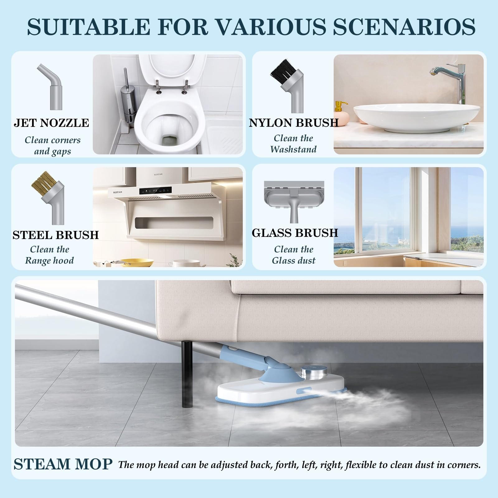 Best Steam Mop with Detachable Handheld Steamer - Powerful Floor Cleaner for Hardwood, Tile, Laminate & All Floors - Multipurpose Home Cleaning Kit with Attachments - Ideal for Kitchen, Bathroom & Pet Areas