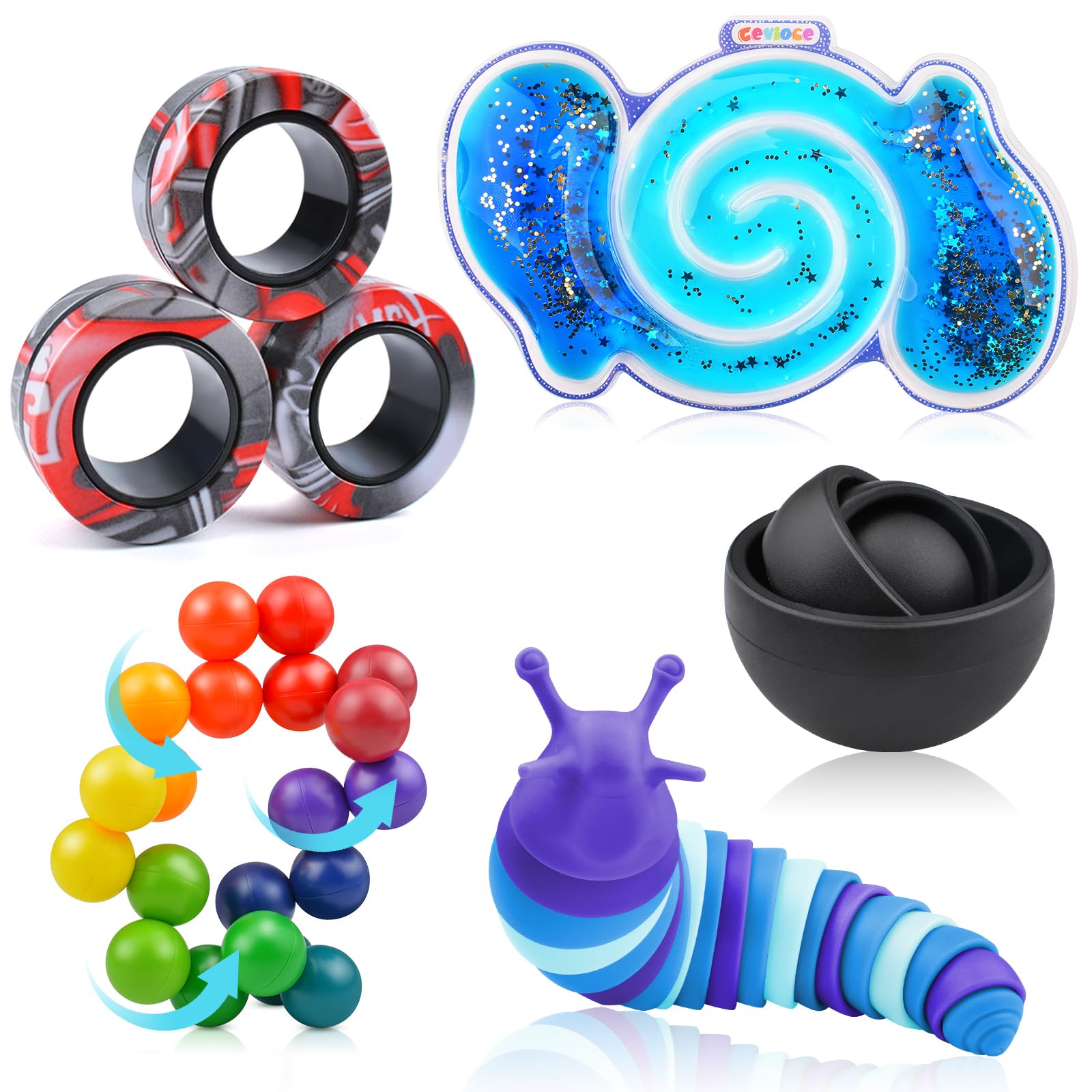 Cevioce 5-Piece Fidget Toy Set for Adults & Kids - Stress Relief Sensory Toys with Spinner, Slug, Magnetic Rings - Perfect for ADHD, Autism, Anxiety - Stocking Stuffers for Teens, Boys & Girls - Great for Classrooms, Travel, and Office Use