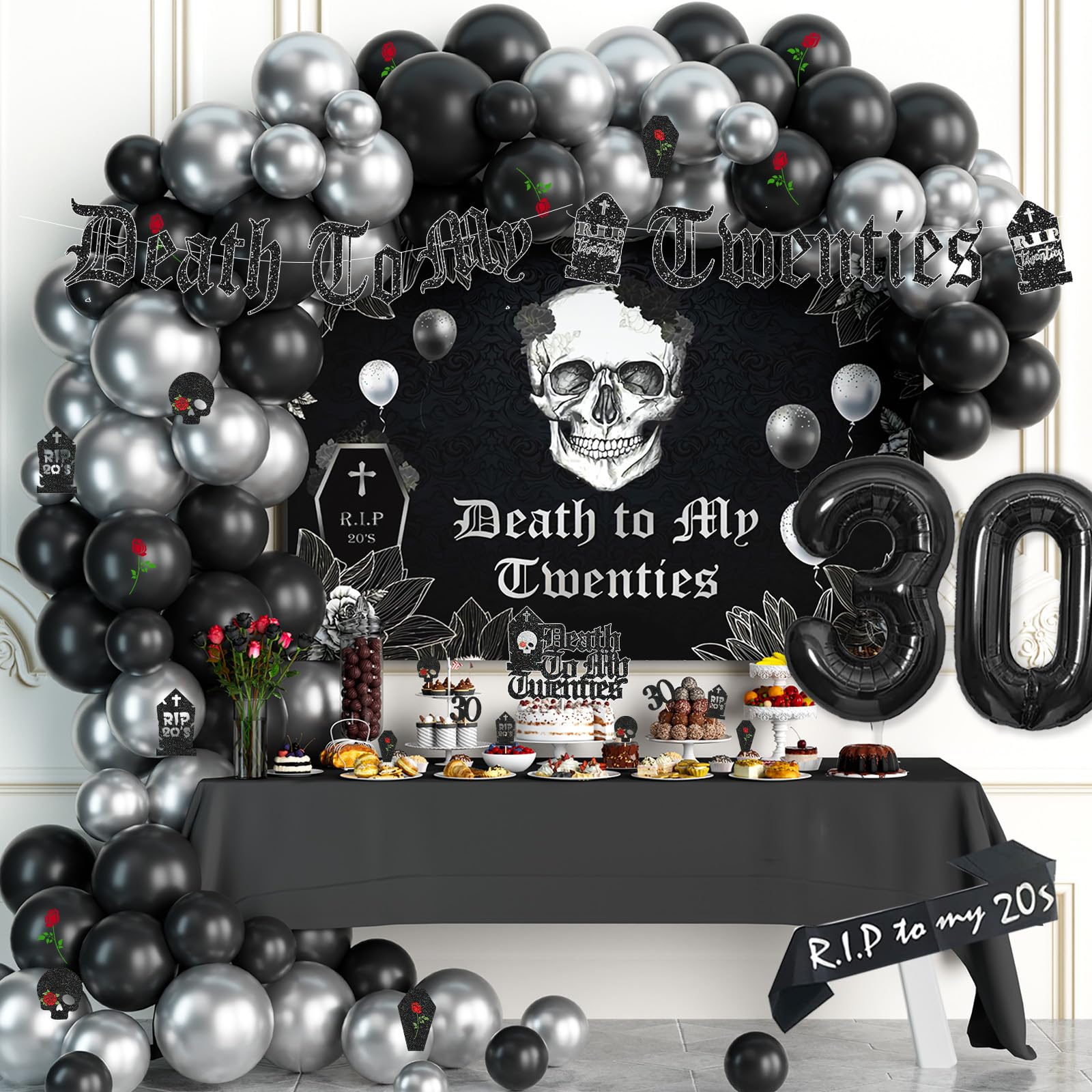 Death To My 20s Party Decorations Set - 119 PCs Black Funeral for Youth Theme Decor, Backdrop, Balloons, Cutouts, Banner, Cake & Cupcake Toppers, Sash, Tombstone, Skull & Rose - Perfect for 30th Birthday Celebrations & Milestone Parties
