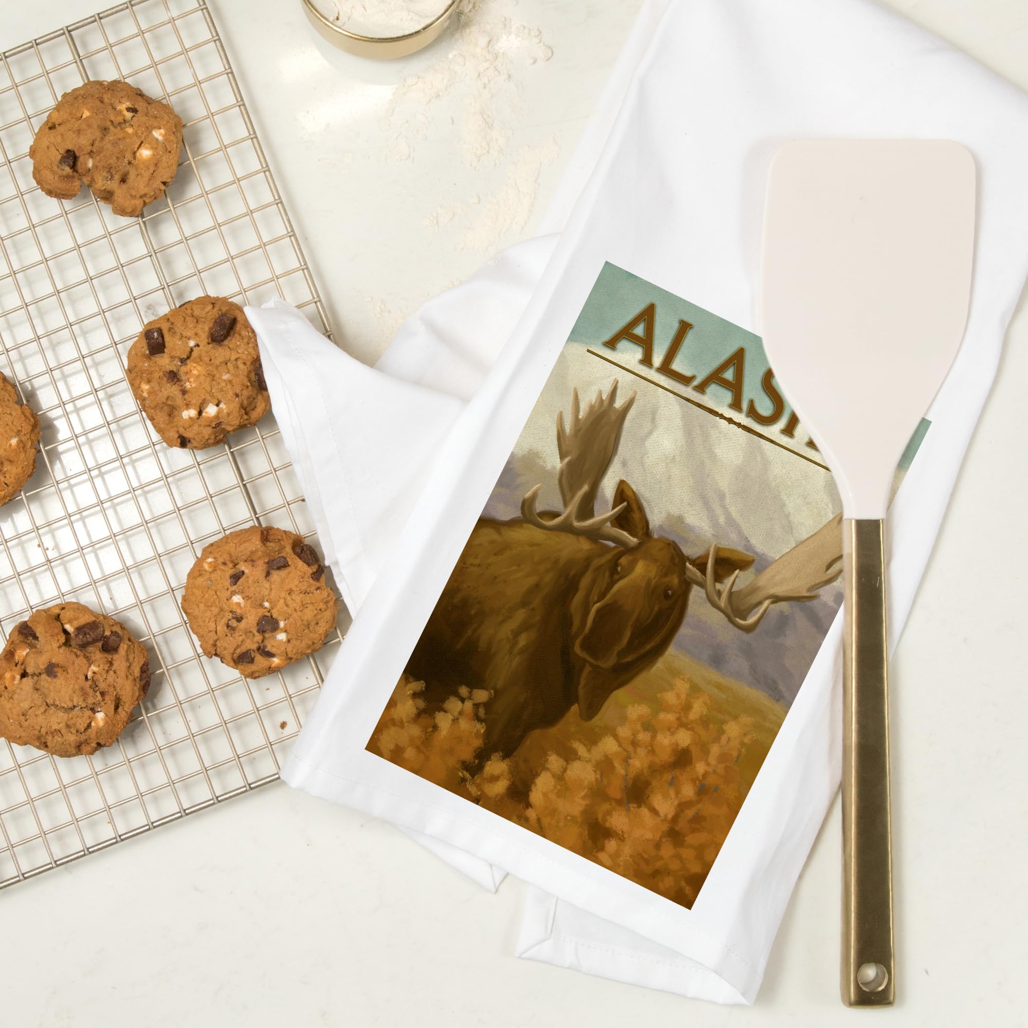 Lantern Press Alaska Moose Oil Painting Tea Towel - 100% Cotton Decorative Hand Towel for Kitchen, Bathroom & Home Decor | Perfect for Gifts, Dish Drying & Farmhouse Style Decor