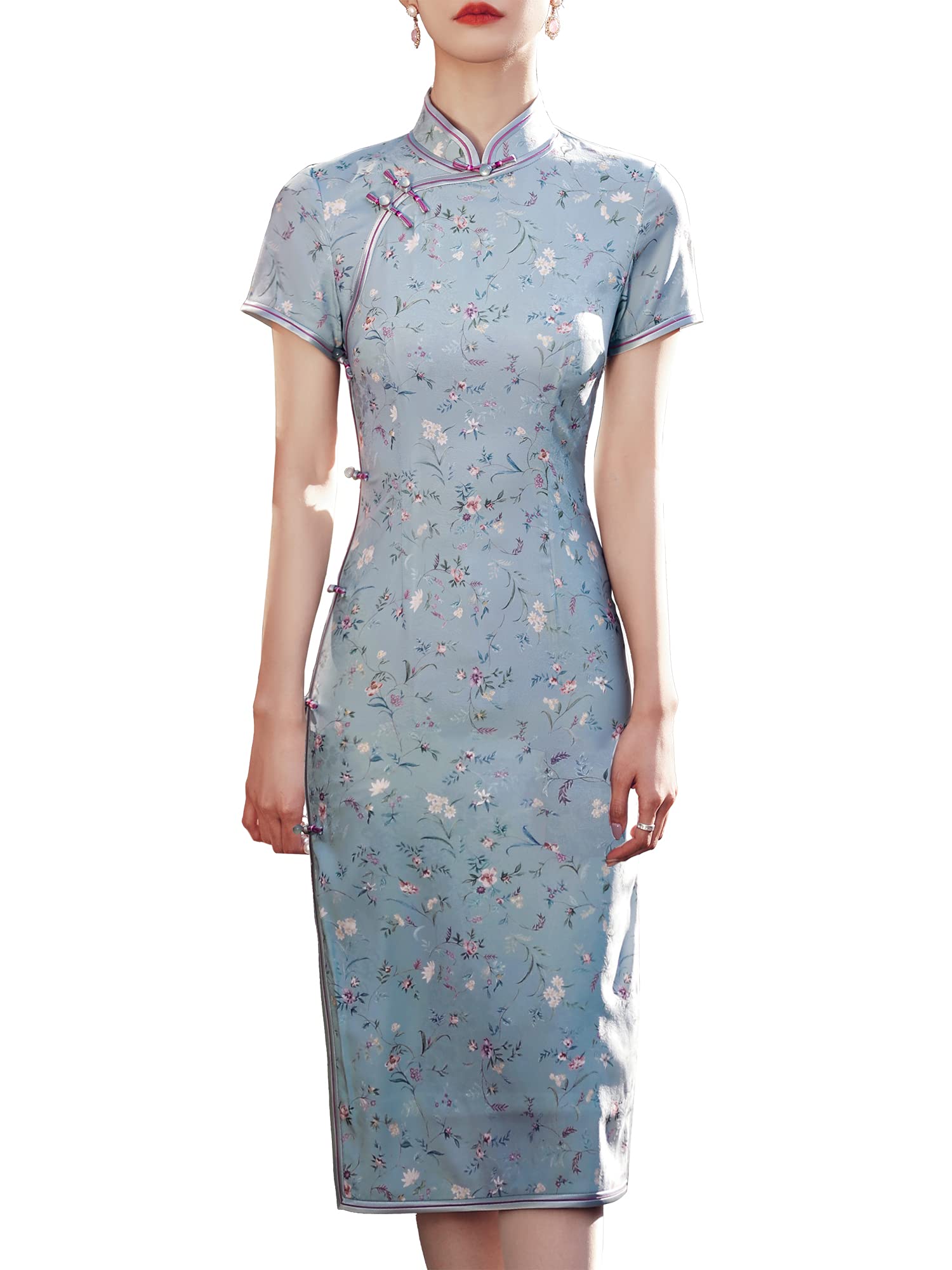 Bitablue Women's Floral Print Blue Chinese Qipao Dress - Elegant Traditional Cheongsam for Parties, Weddings & Special Occasions