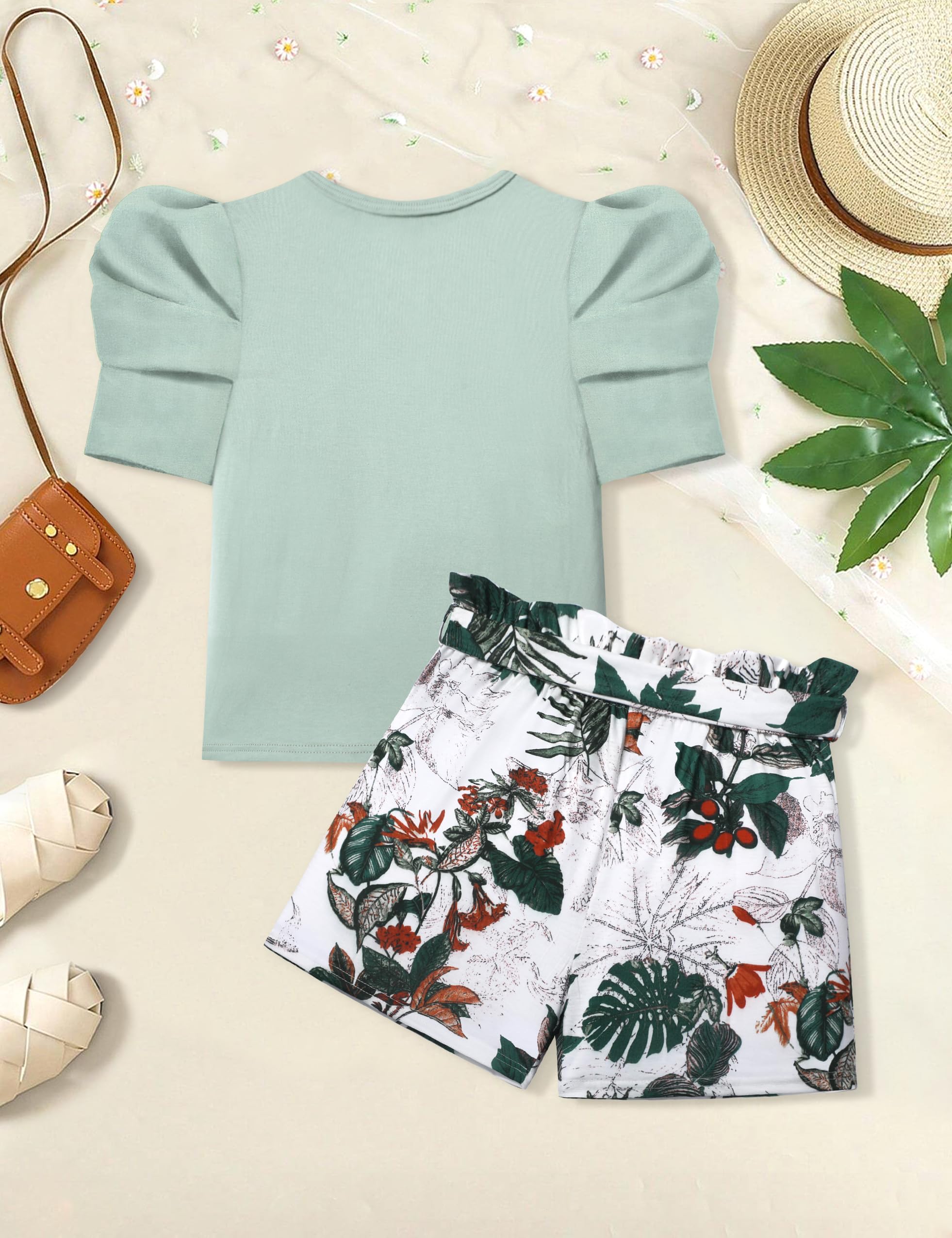 NAPU Girls Summer Outfits - 2 Piece Puff Sleeve Top & Elastic Waist Shorts Set with Belt | Cute Toddler Clothes for Playdates, Beach Vacations & Summer Activities