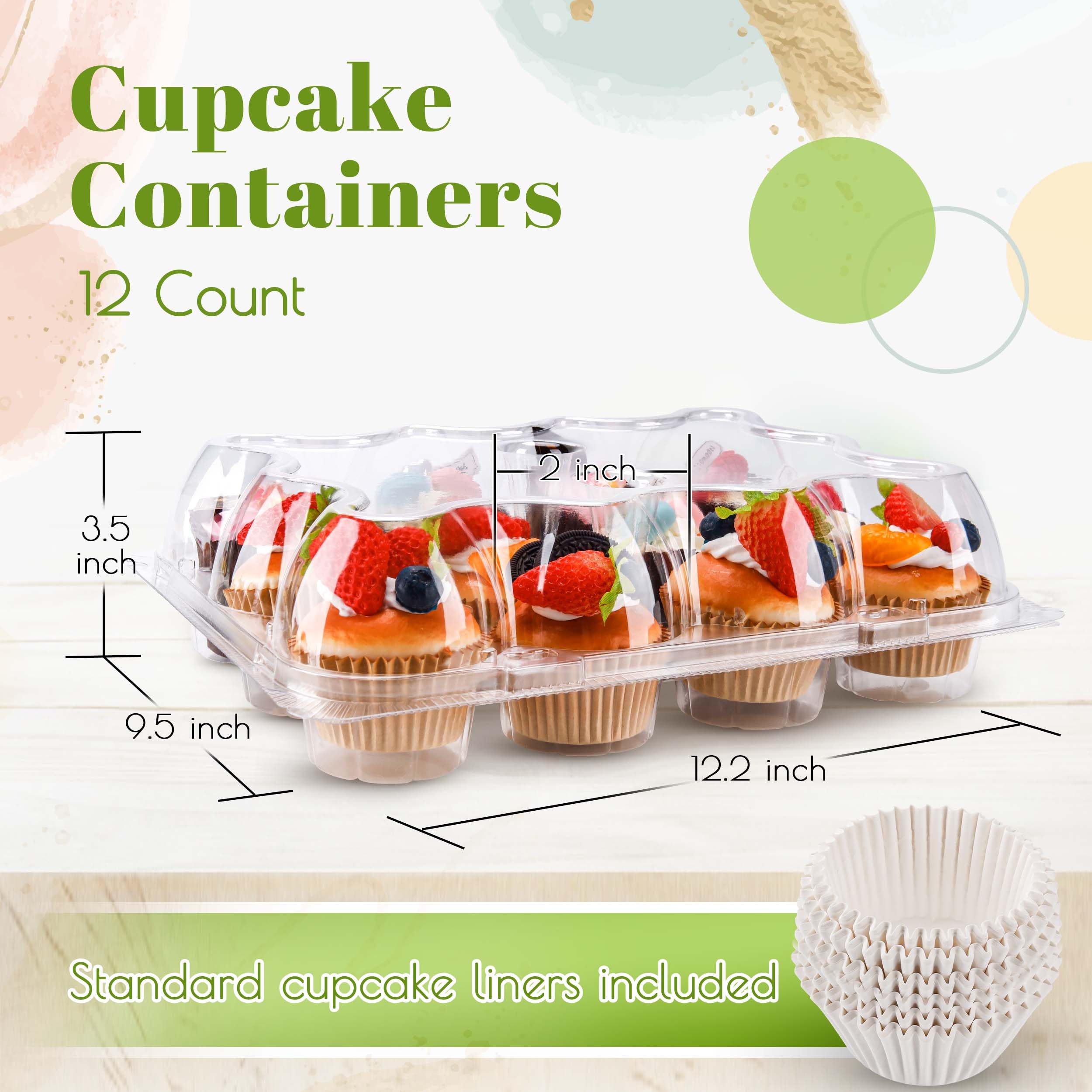 12-Pack Stackable Plastic Cupcake Containers with Tall Dome Lids - 240 BPA-Free Standard Size Cupcake Liners Included | Perfect for Birthday Parties, Wedding Desserts & Bakery Storage