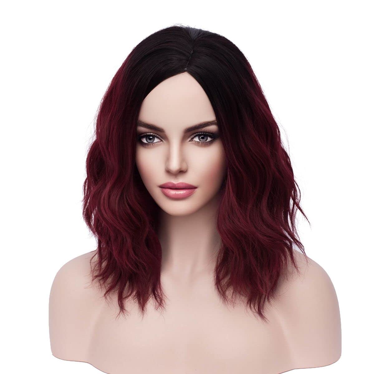 MAGQOO Burgundy Synthetic Heat Resistant Wig - Short Curly Wavy Dark Red Wig with Dark Roots & Ombre Effect for Women | Perfect for Cosplay, Halloween, Parties & Daily Fashion Styling